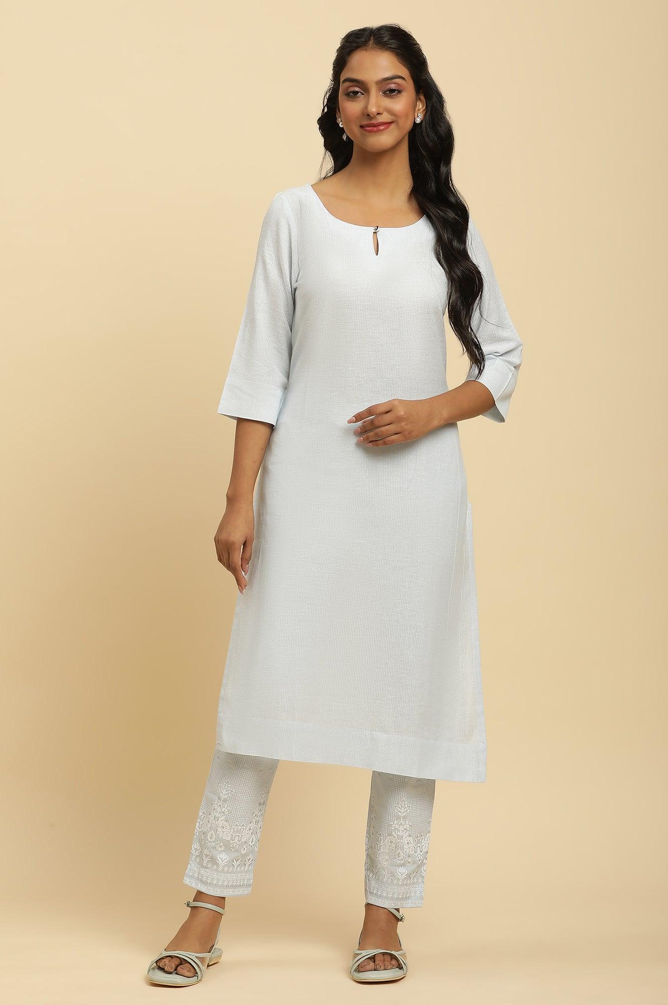 Blue Round Neck Kurta And Slim Pants Set - wforwoman