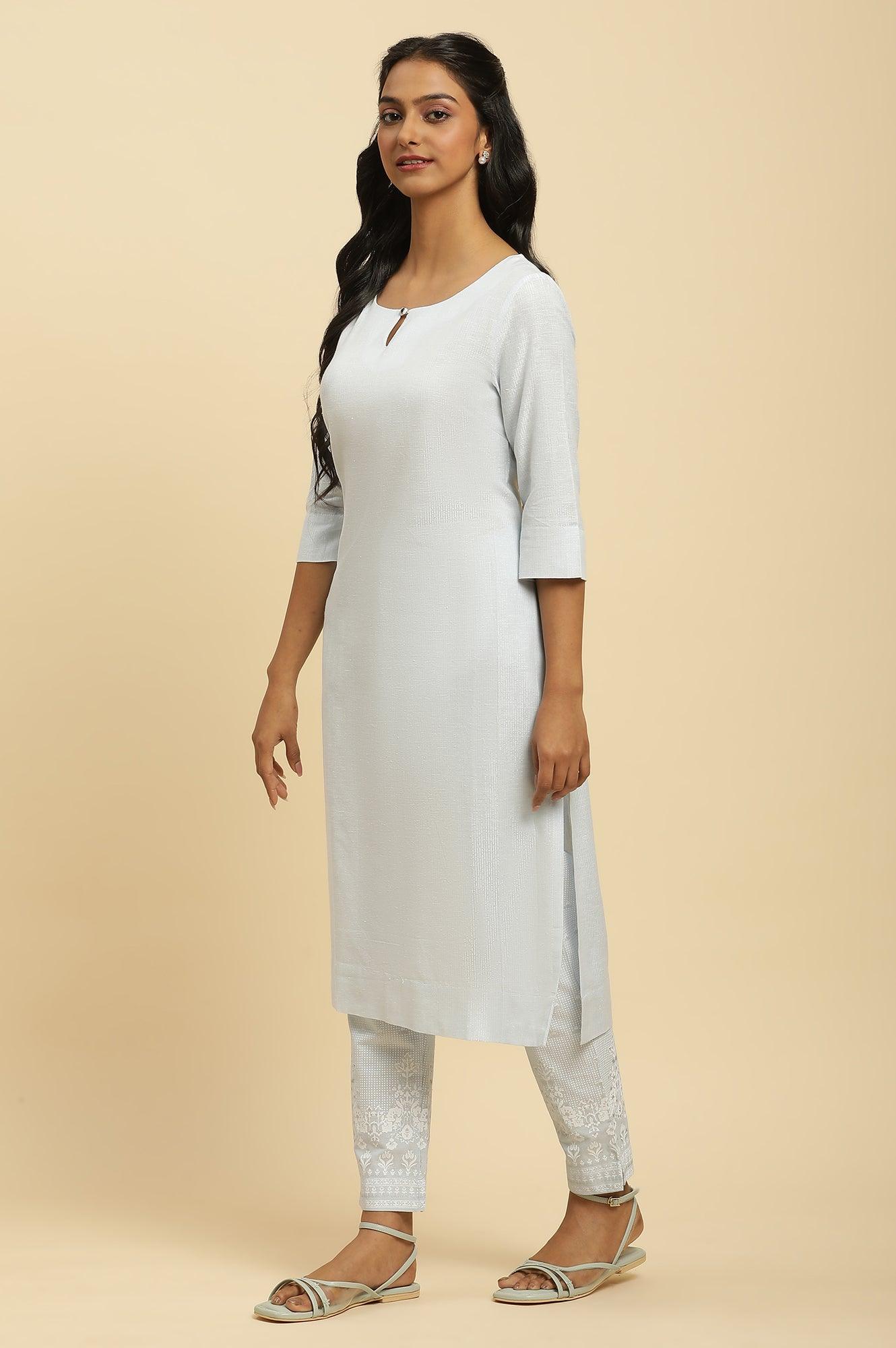 Blue Round Neck Kurta And Slim Pants Set - wforwoman