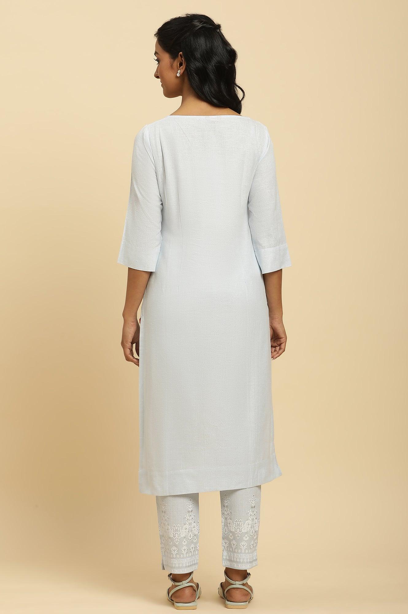 Blue Round Neck Kurta And Slim Pants Set - wforwoman