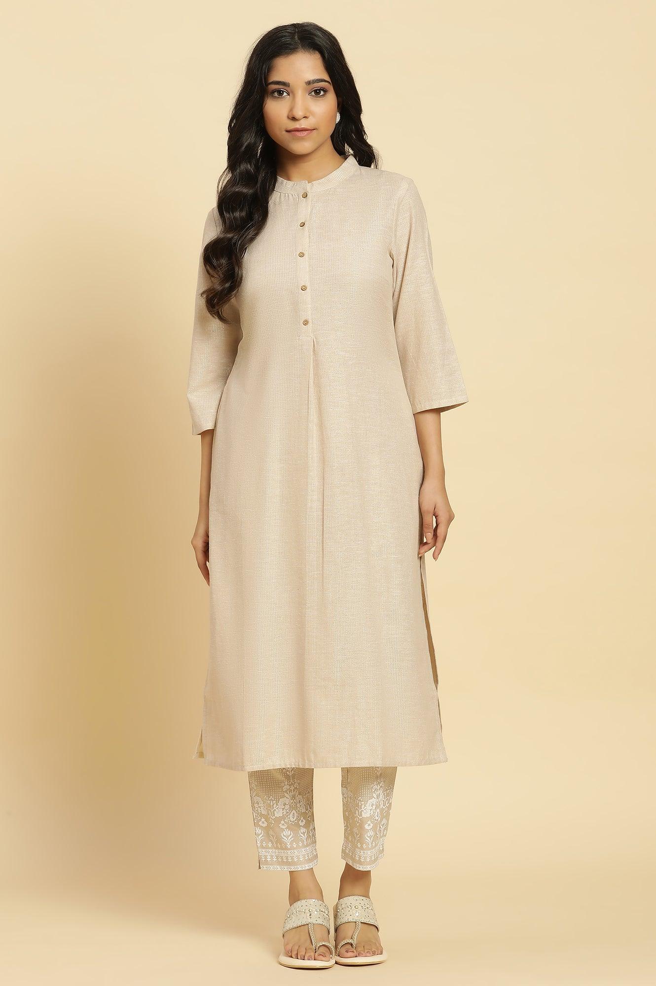 Beige Mandarin Collar Kurta And Pants Set - wforwoman