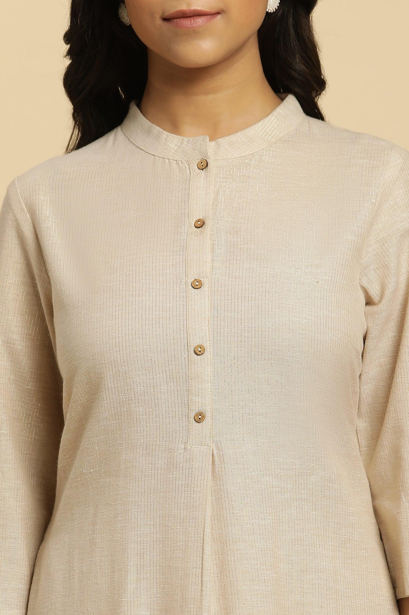 Beige Mandarin Collar Kurta And Pants Set - wforwoman