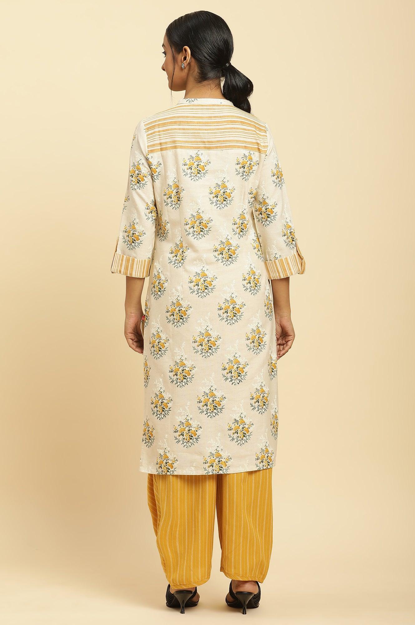 Beige Floral Printed Kurta And Yellow Carrot Pants - wforwoman