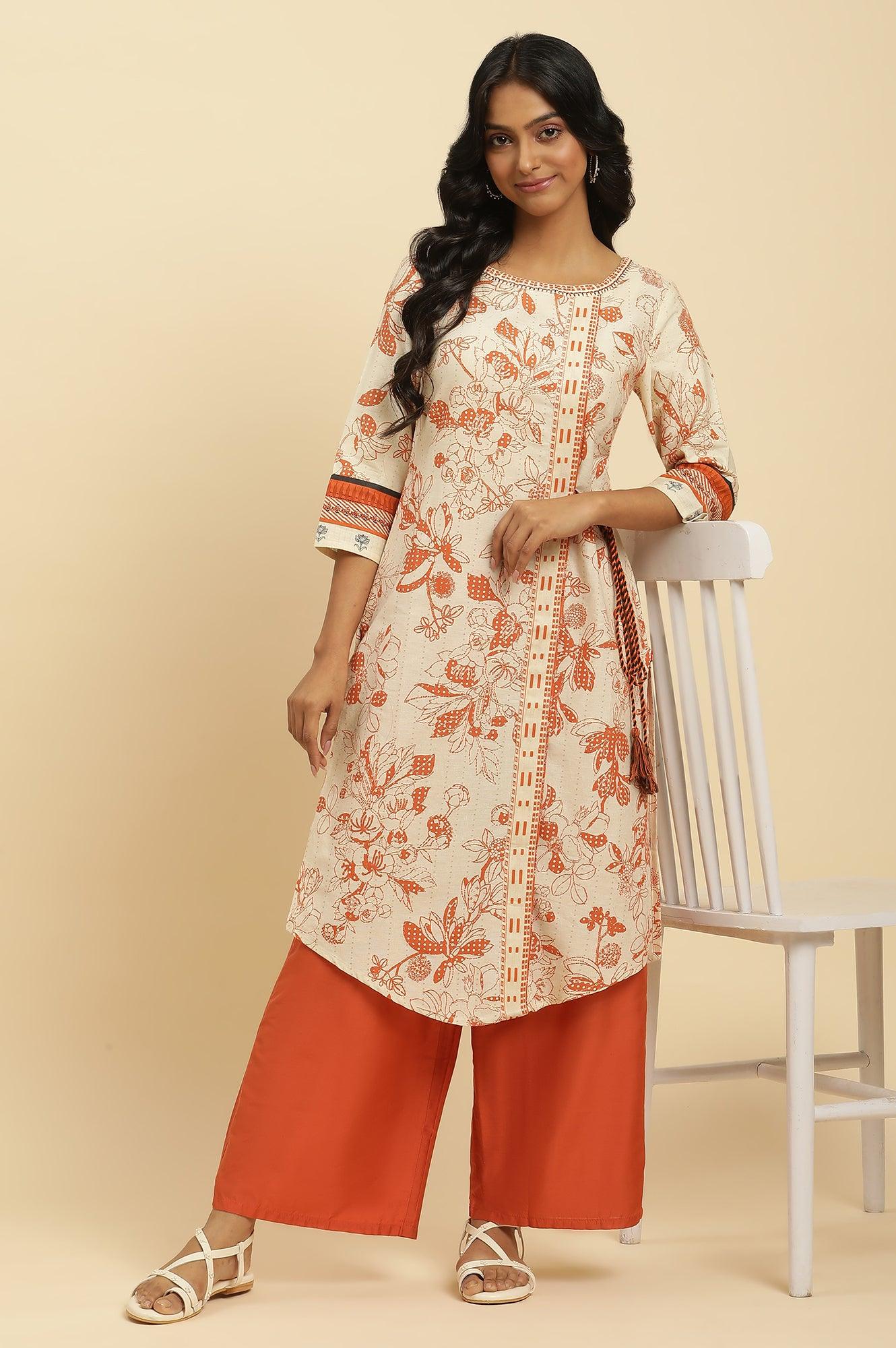 Ecru Floral Printed Kurta With Orange Parallel Pants - wforwoman