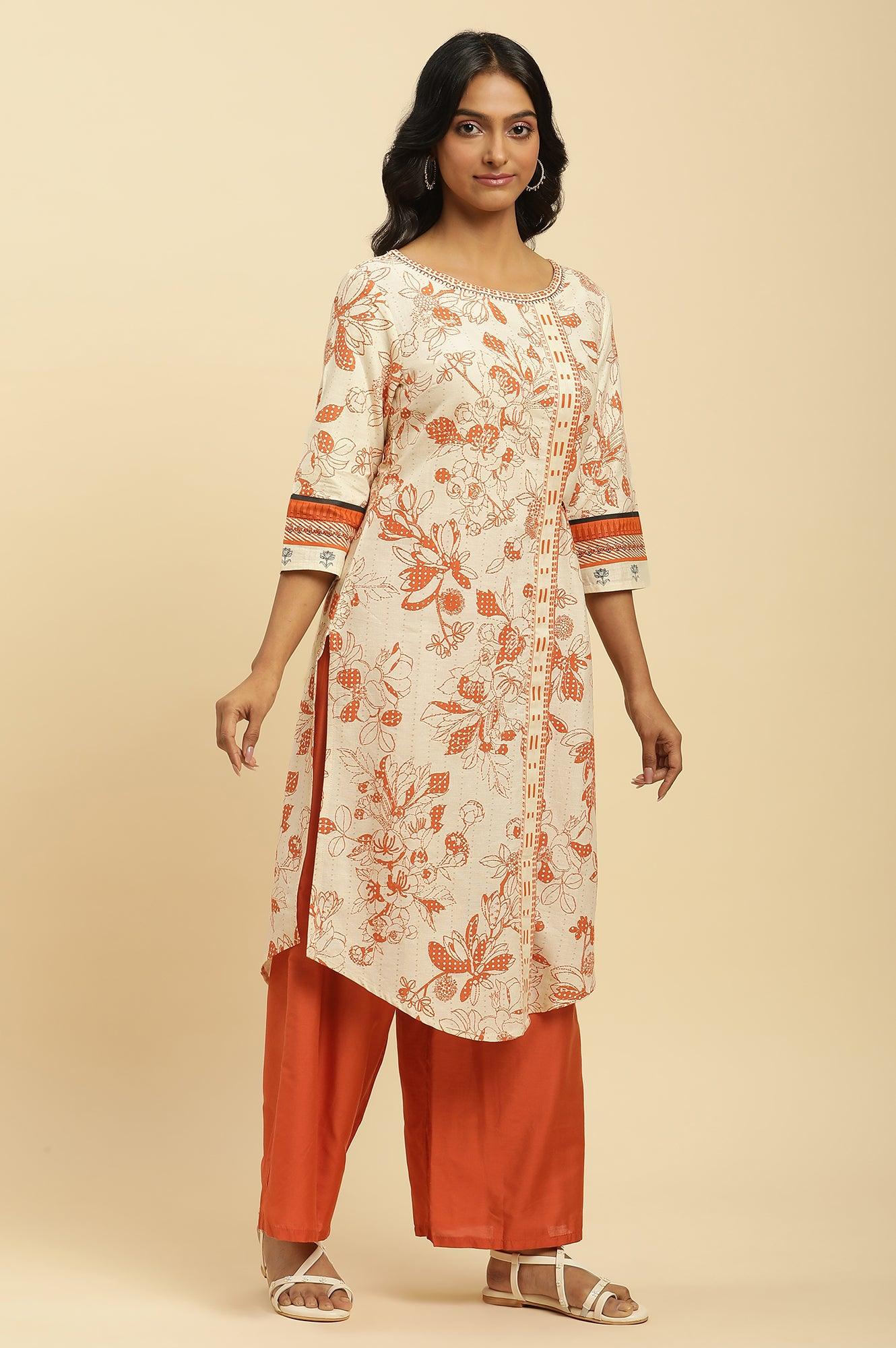 Ecru Floral Printed Kurta With Orange Parallel Pants - wforwoman