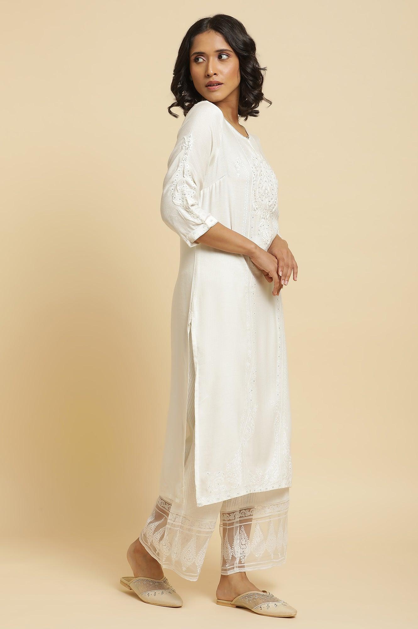 Ecru Embroidered Kurta & Parallel Pants Set - wforwoman