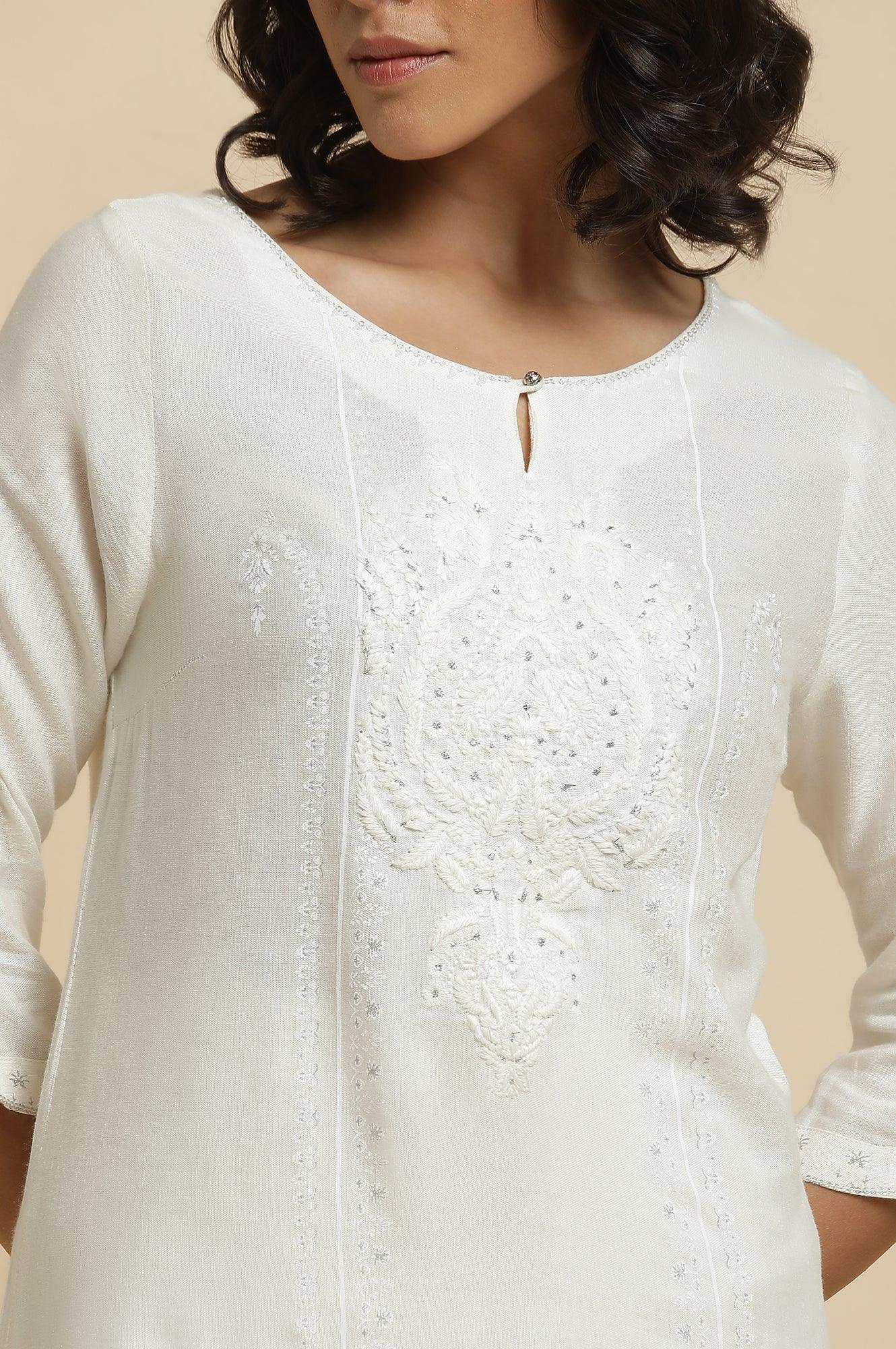 Ecru Embroidered Kurta & Parallel Pants Set - wforwoman