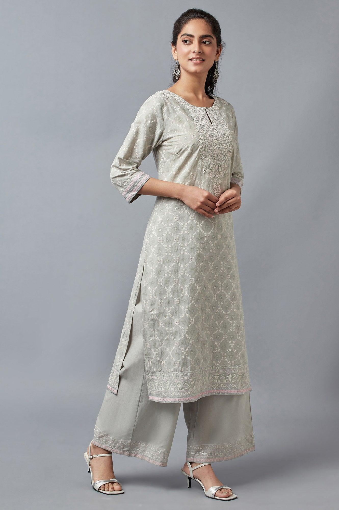 Light Green Printed kurta with Parallel Pants - wforwoman