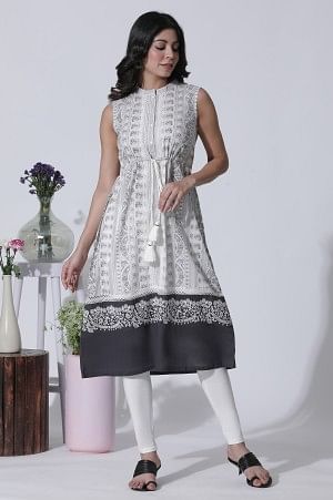 White & Grey Printed Cotton Dress And Tights Set