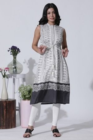 White & Grey Printed Cotton Dress And Tights Set