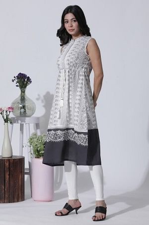 White & Grey Printed Cotton Dress And Tights Set