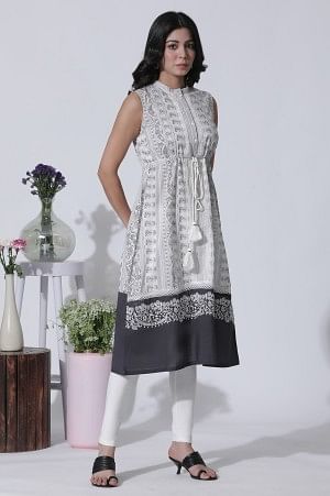 White & Grey Printed Cotton Dress And Tights Set