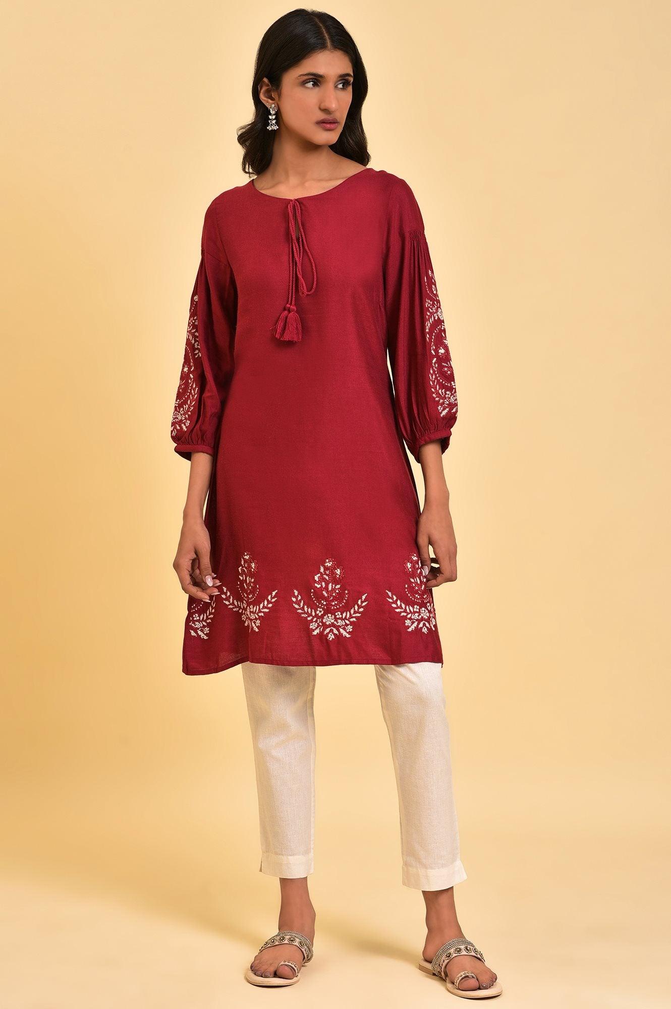 Red Embroidered Dress & Pants Set - wforwoman
