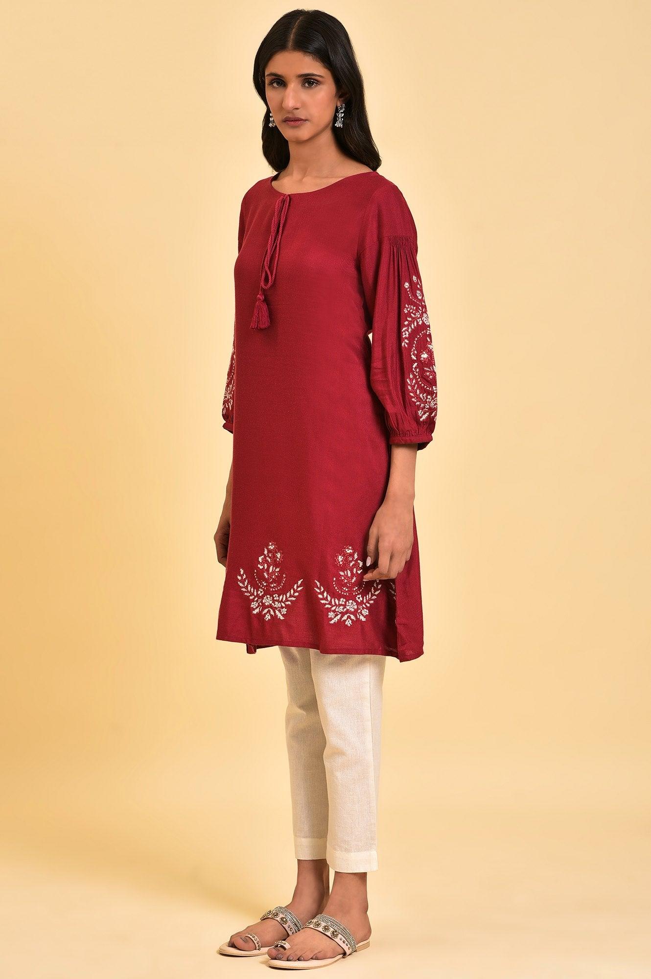 Red Embroidered Dress & Pants Set - wforwoman
