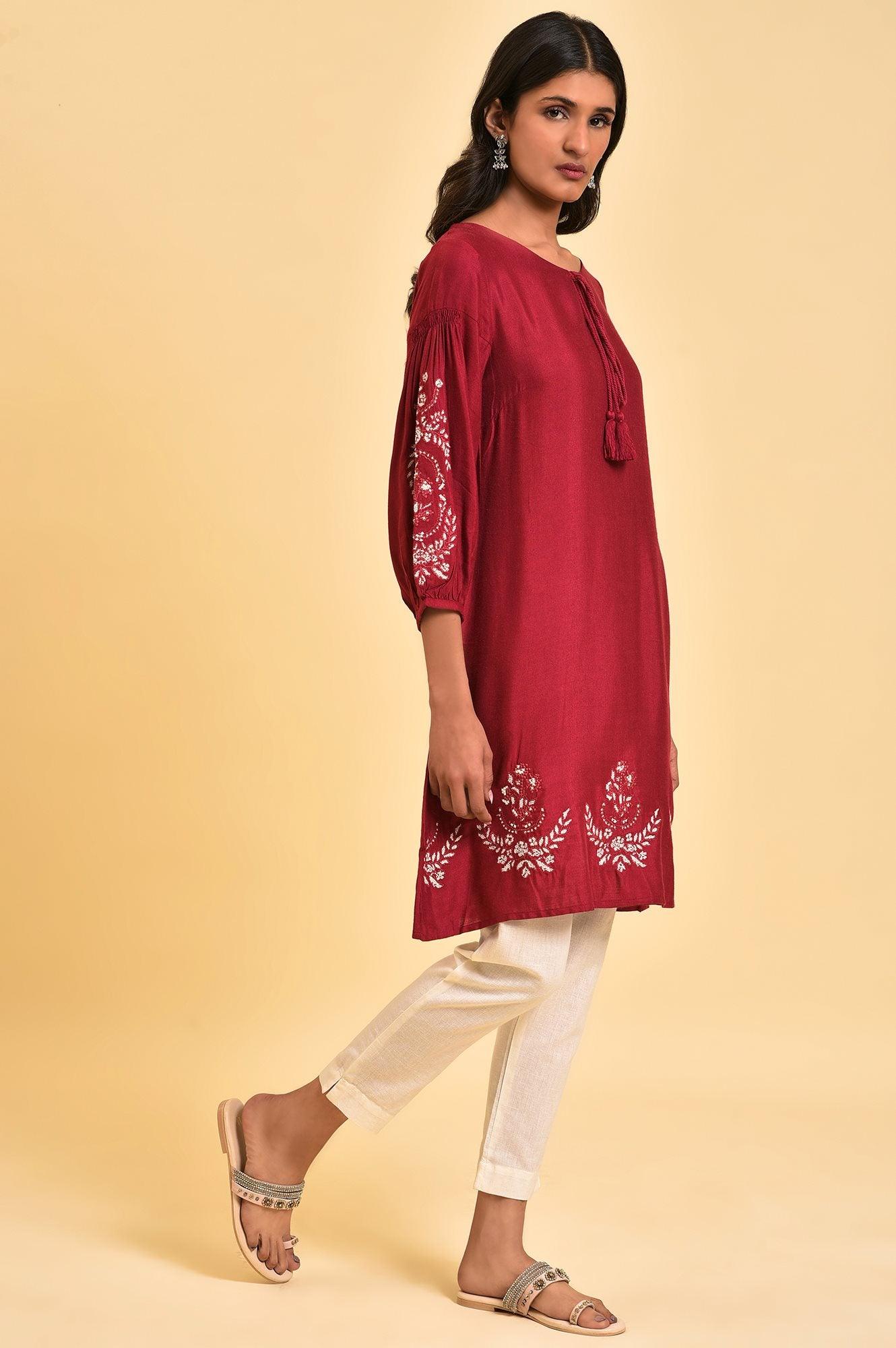 Red Embroidered Dress & Pants Set - wforwoman