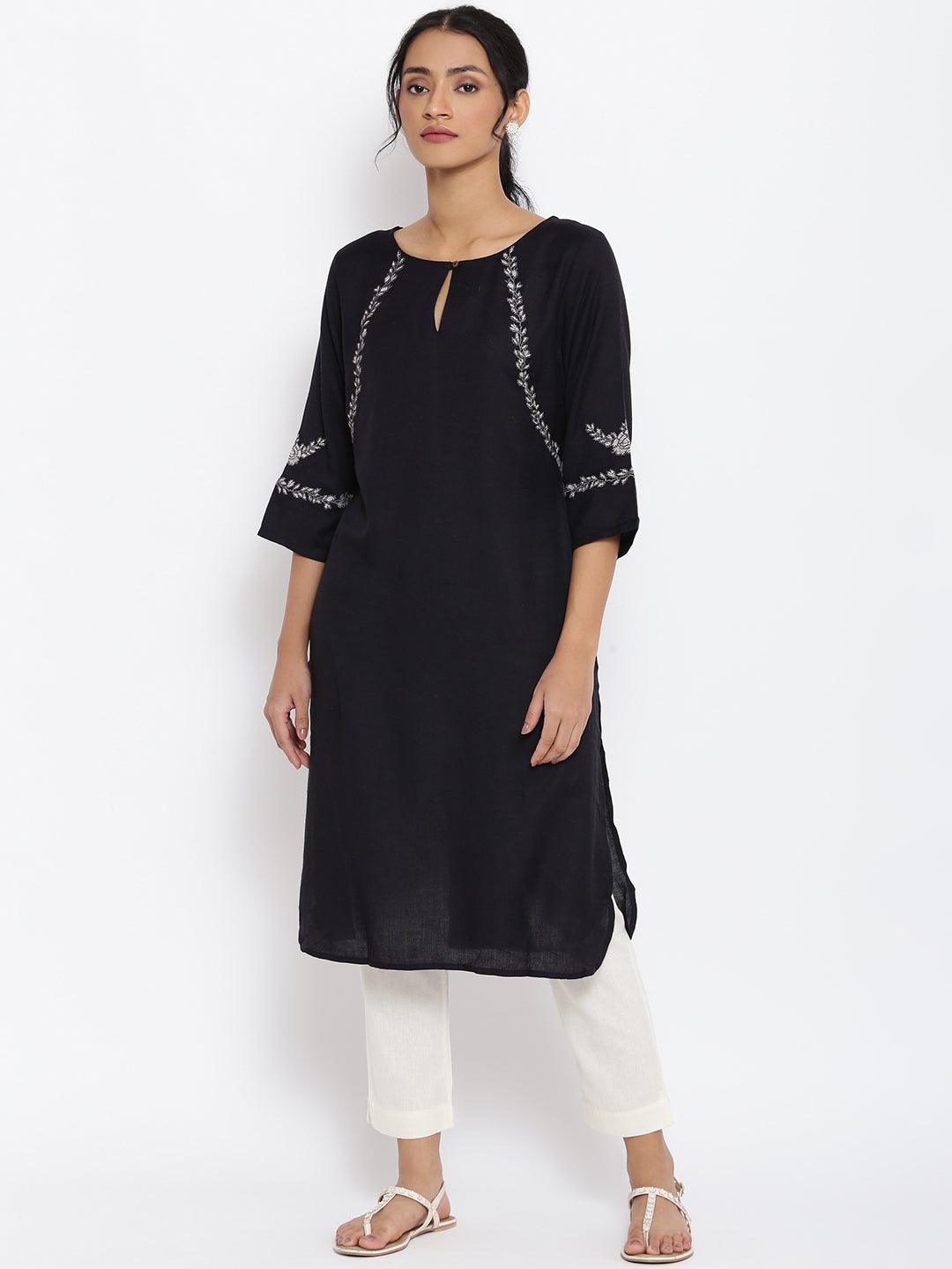 Black Embroidered kurta & Pants Set - wforwoman