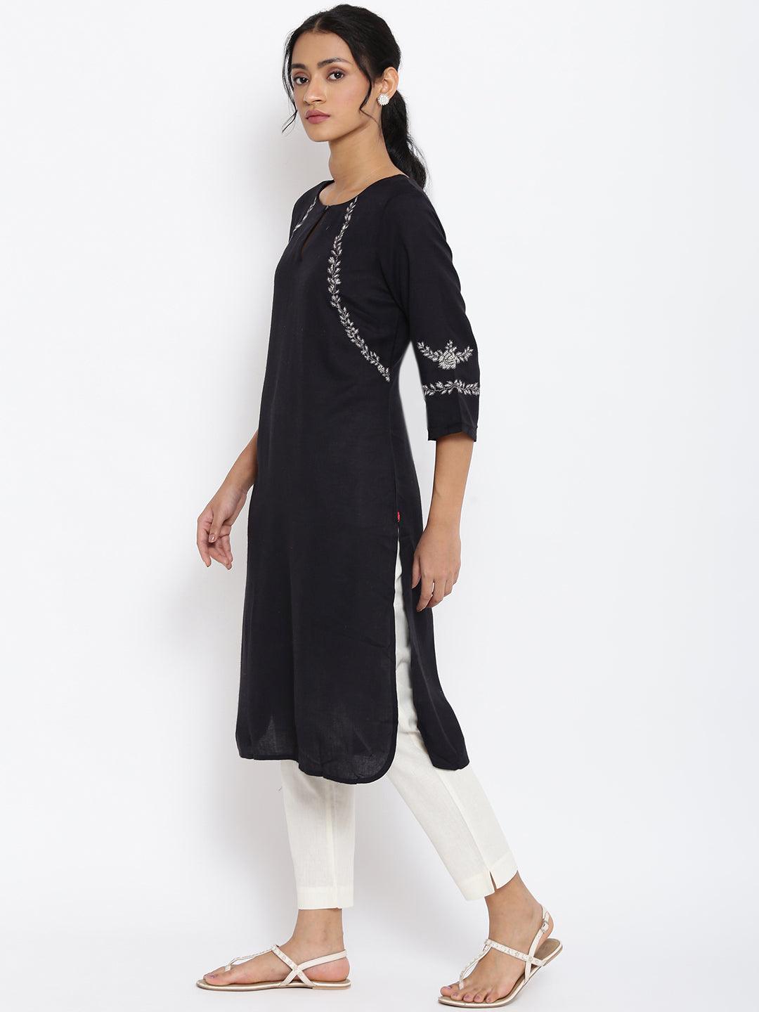 Black Embroidered kurta & Pants Set - wforwoman