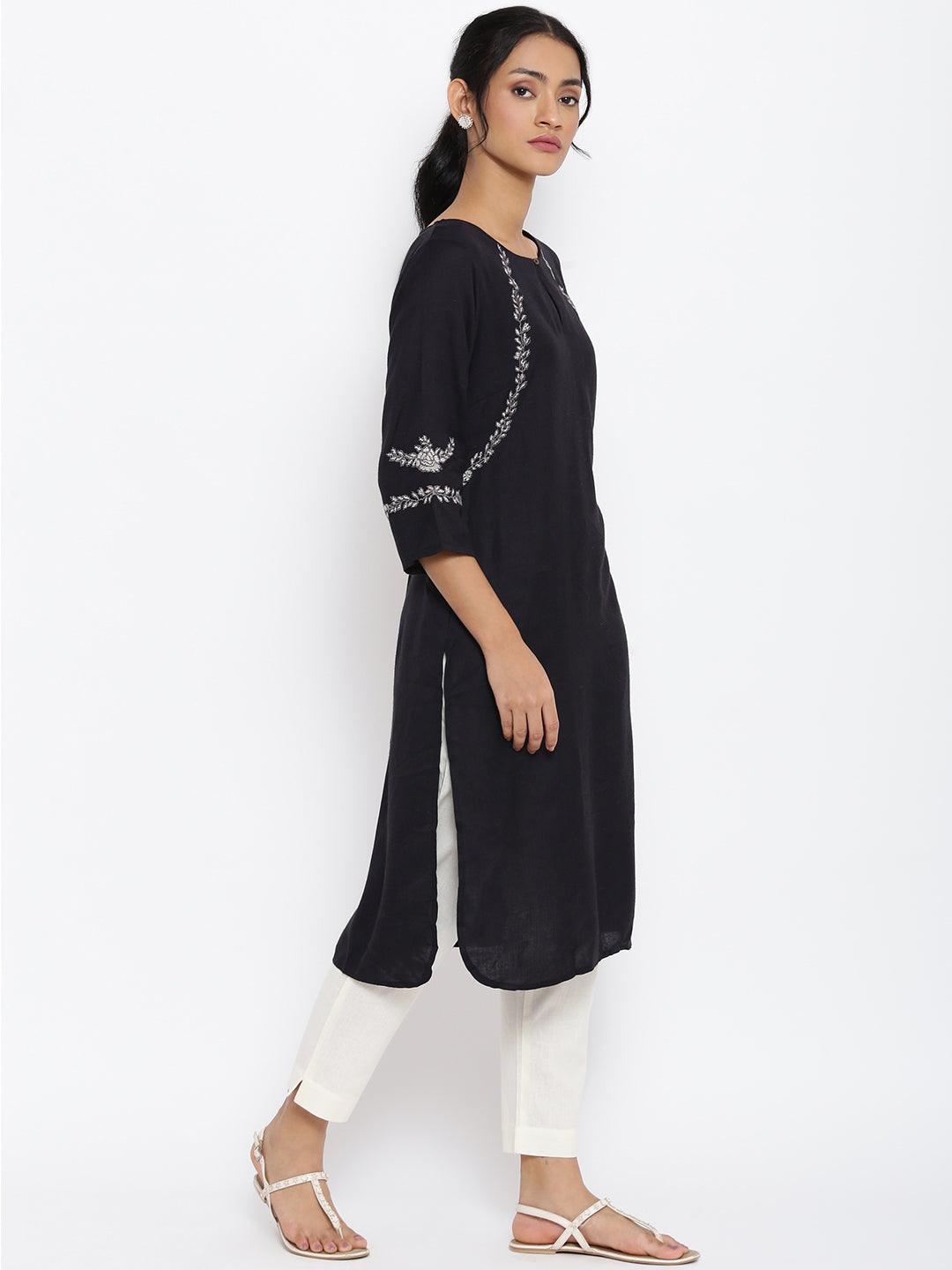 Black Embroidered kurta & Pants Set - wforwoman
