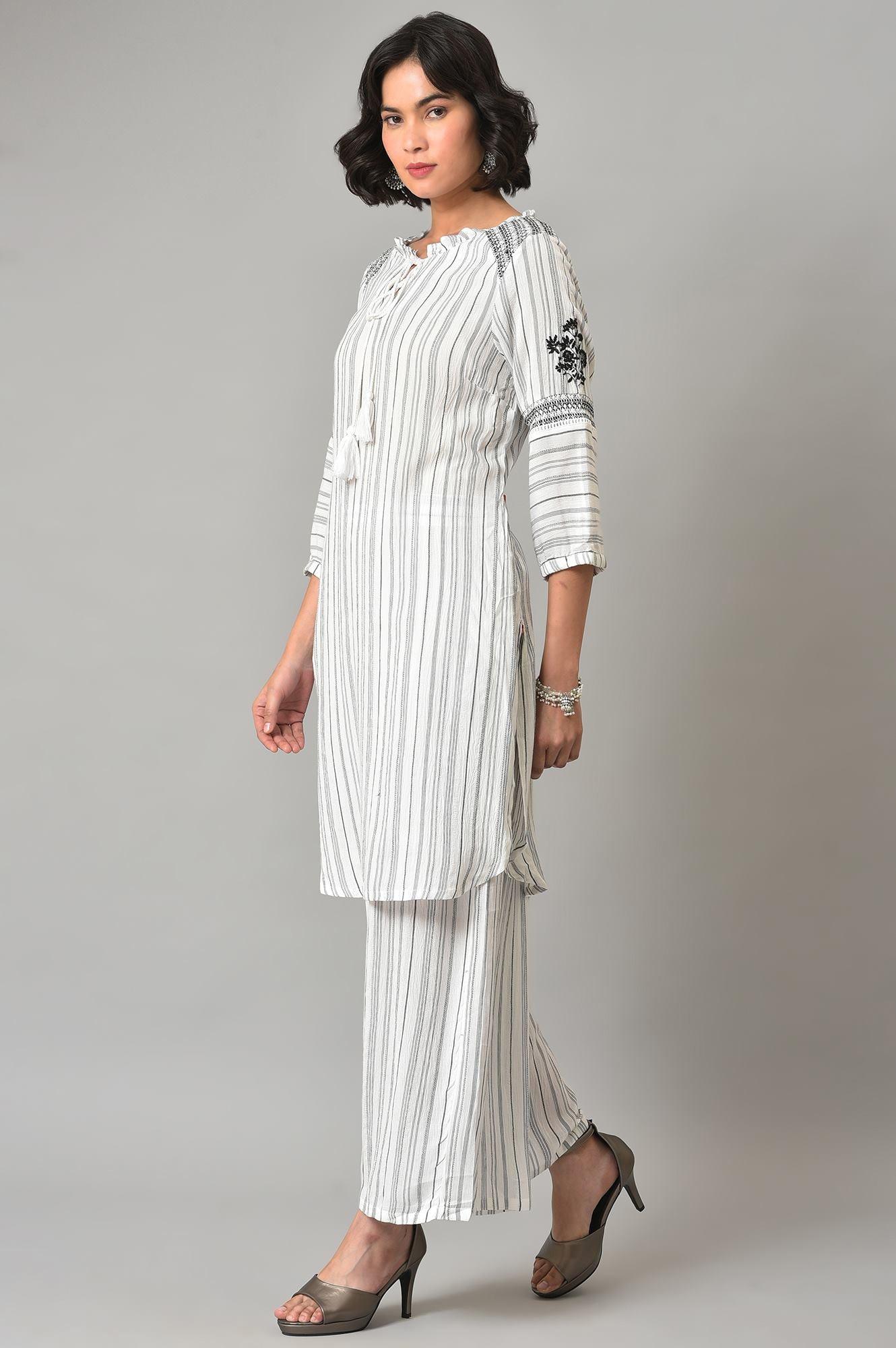 Ecru And Black Striped kurta With Parallel Pants - wforwoman
