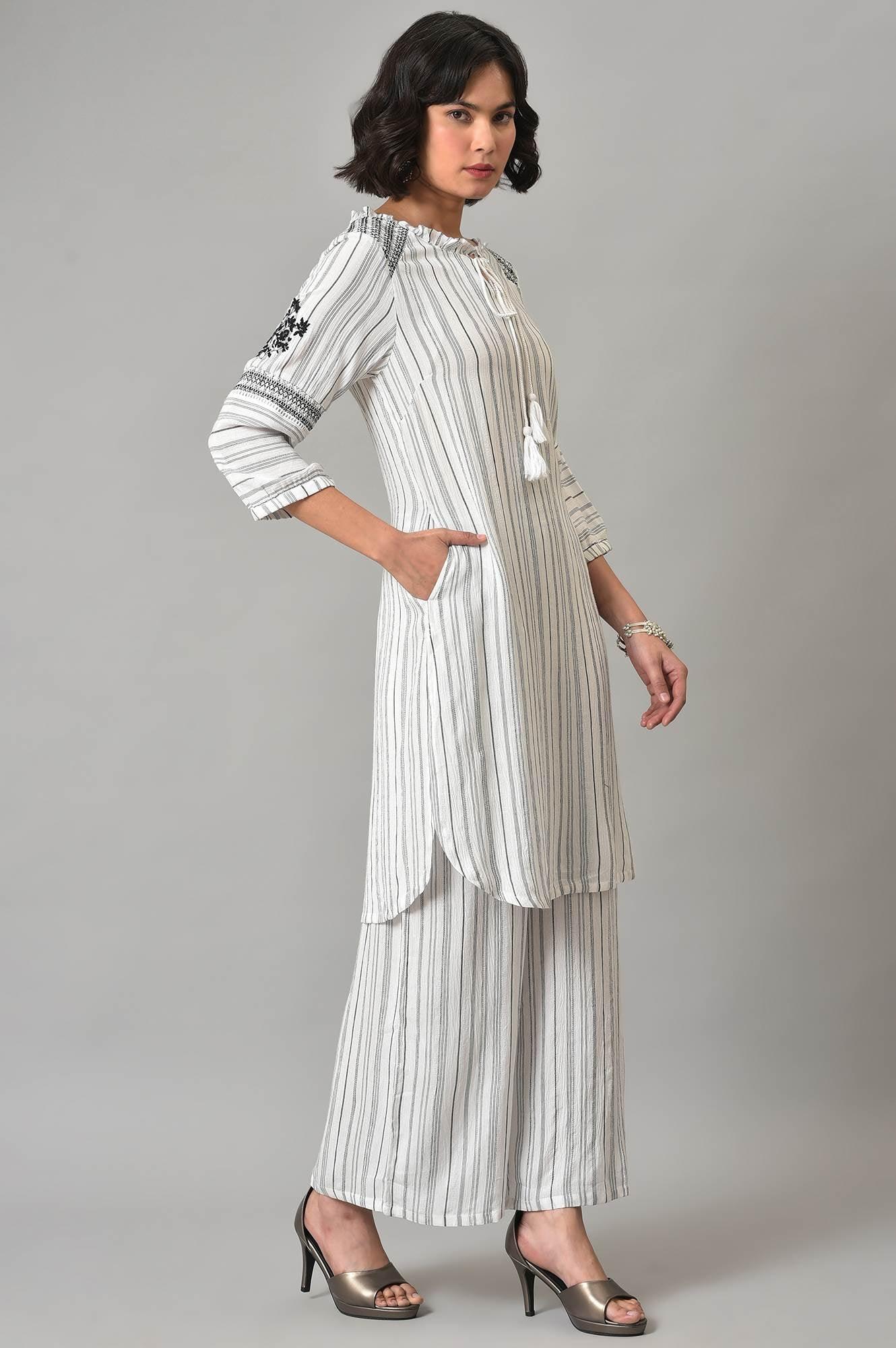 Ecru And Black Striped kurta With Parallel Pants - wforwoman