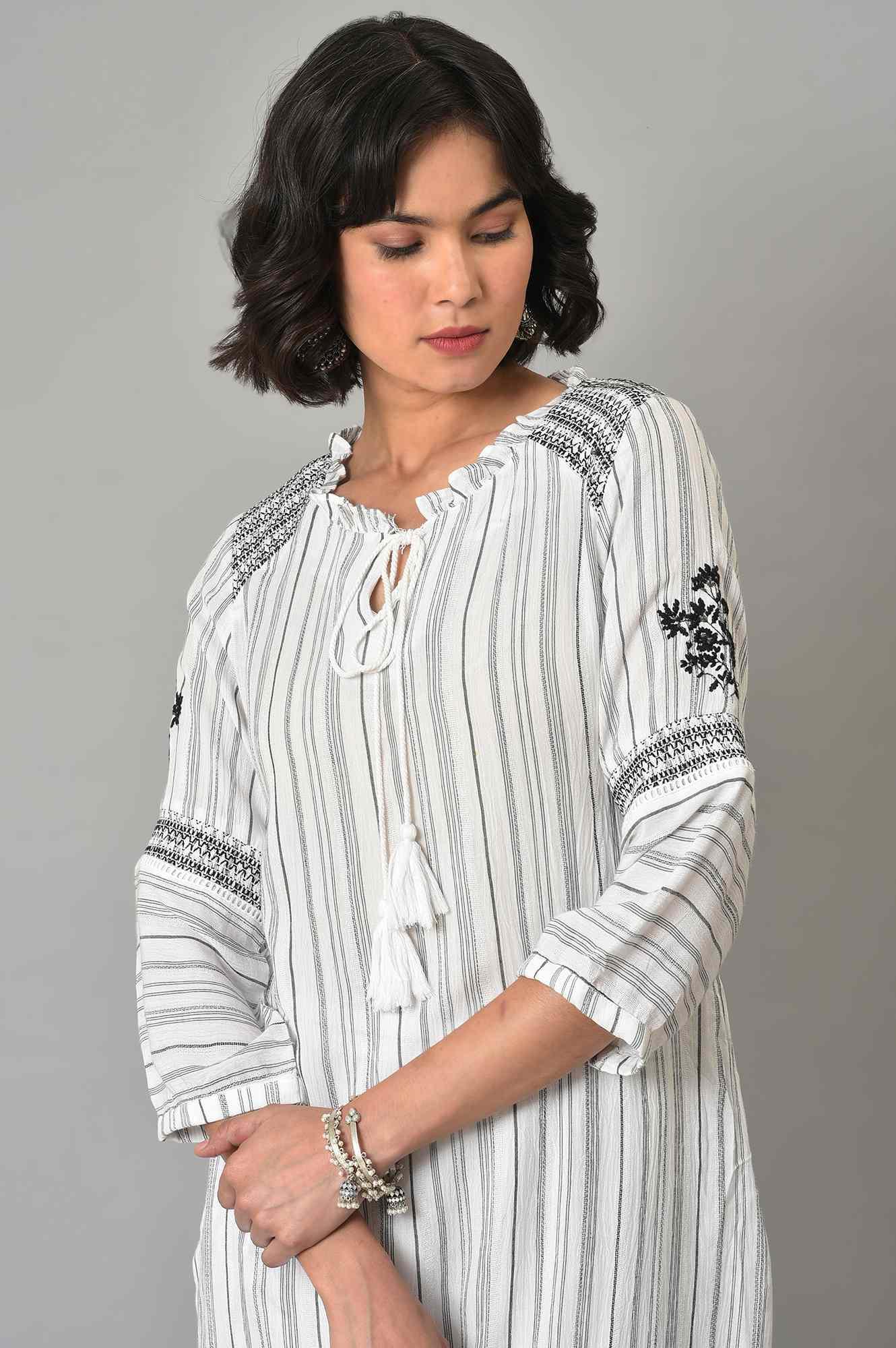 Ecru And Black Striped kurta With Parallel Pants - wforwoman