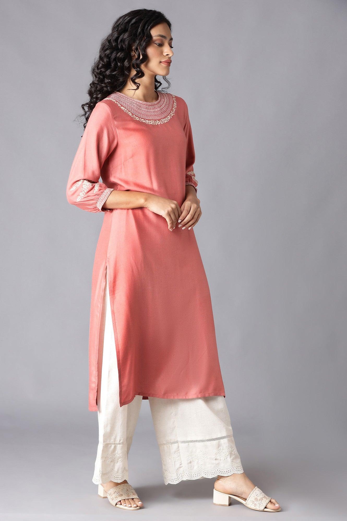 Pink Embroidered kurta & Parallel Pants Set - wforwoman