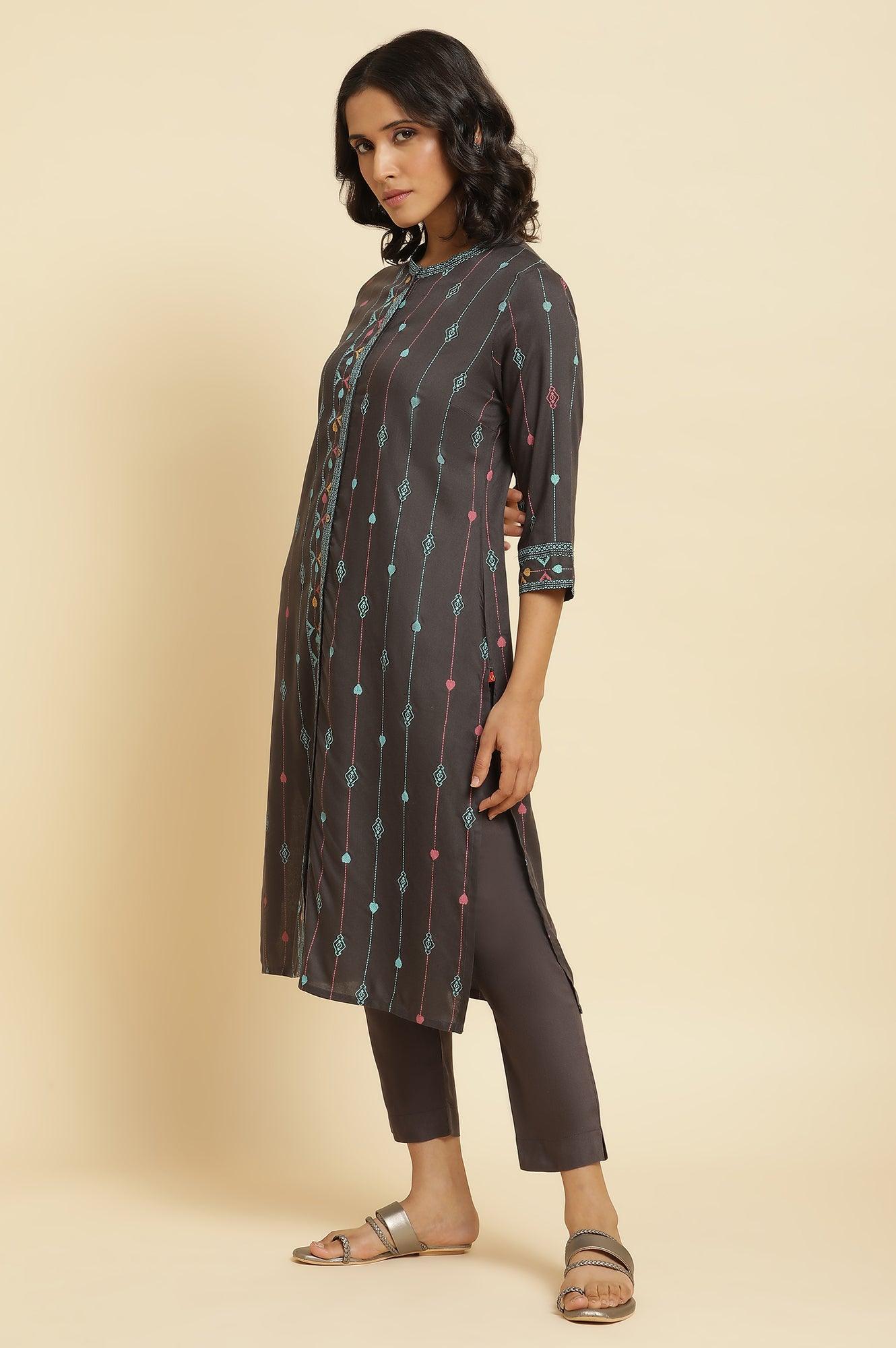 Grey Printed Kurta, Pants & Dupatta Set - wforwoman