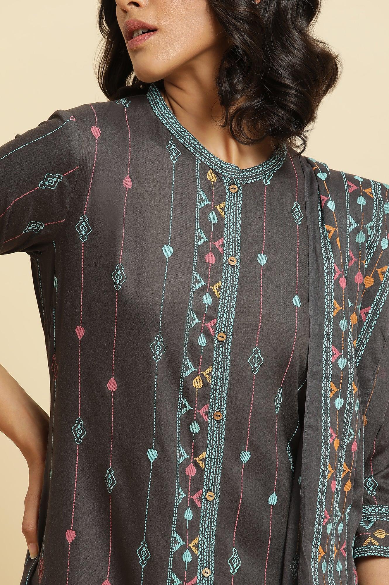 Grey Printed Kurta, Pants & Dupatta Set - wforwoman