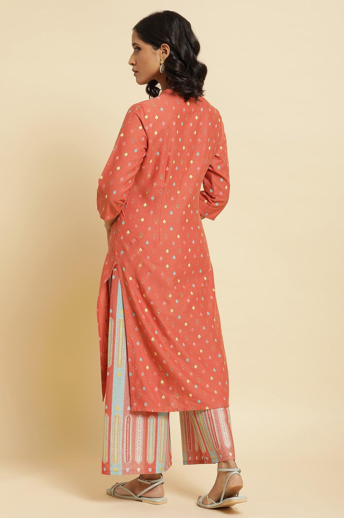 Orange Printed Kurta & Parallel Pants Set - wforwoman