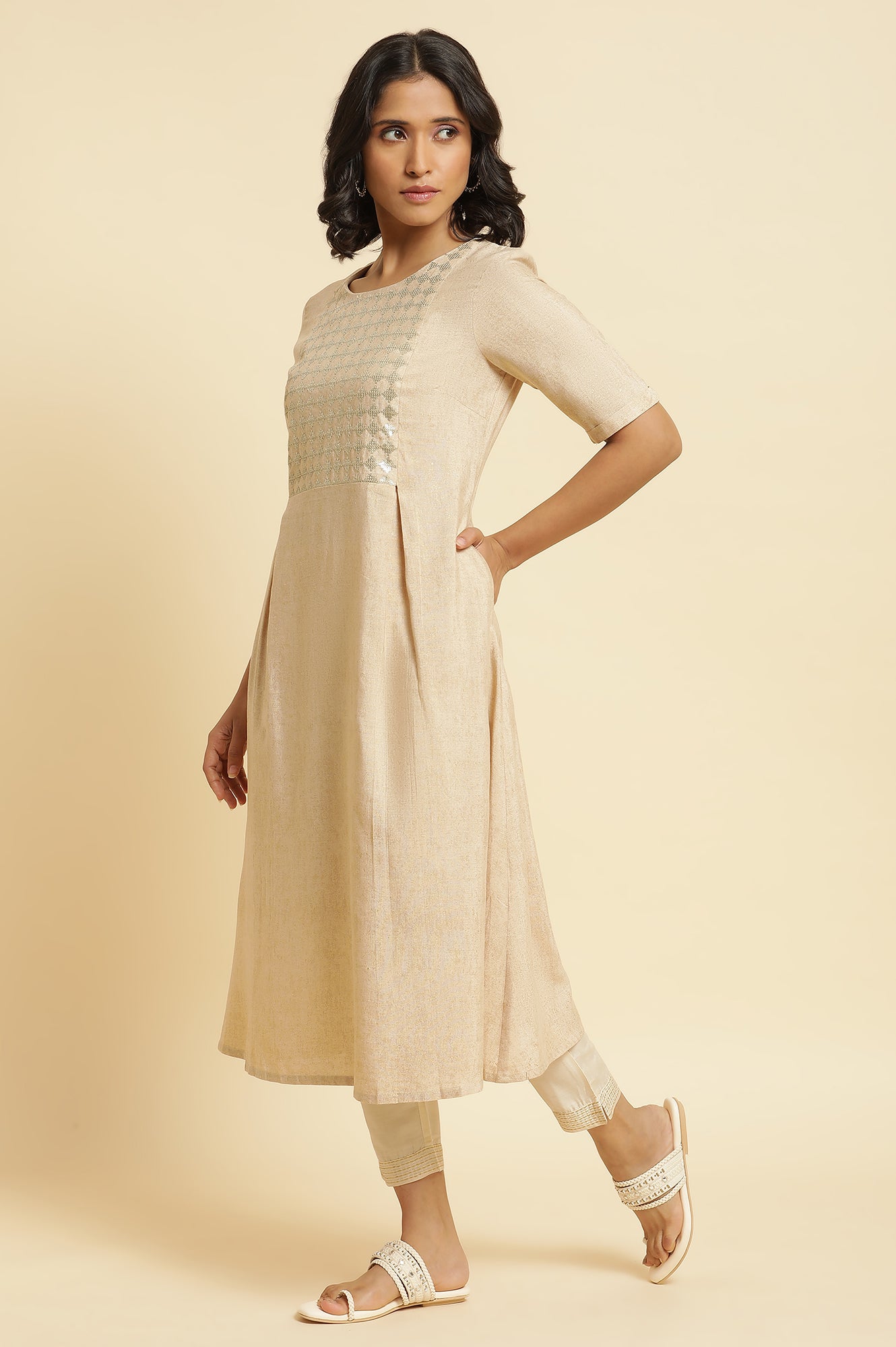 Almond Beige Sequin A-Line Kurta & Pants Set