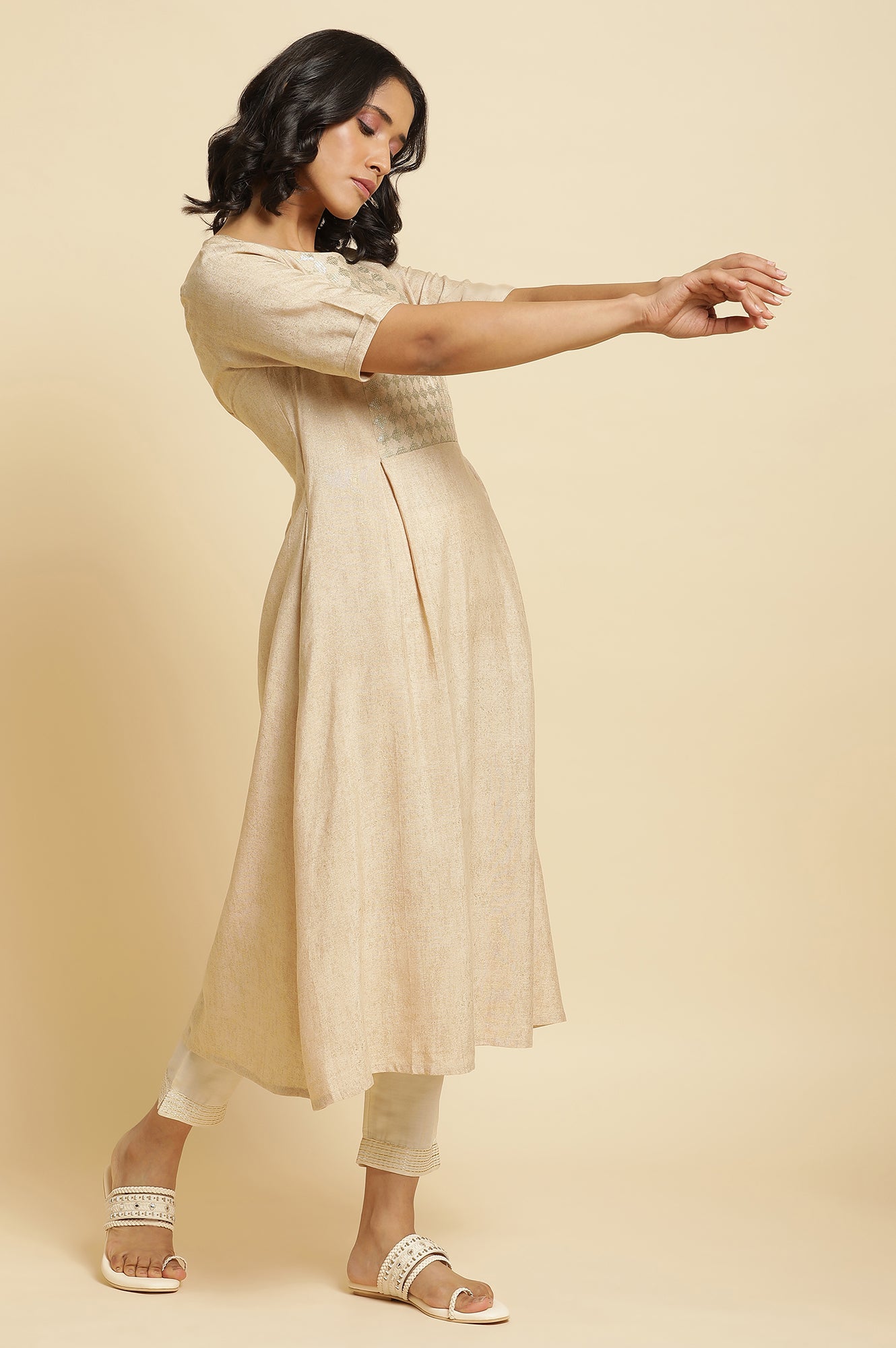 Almond Beige Sequin A-Line Kurta & Pants Set