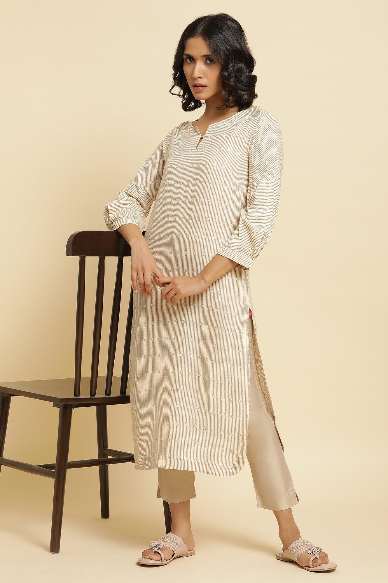 Beige Stripe Printed Kurta & Pants Set - wforwoman