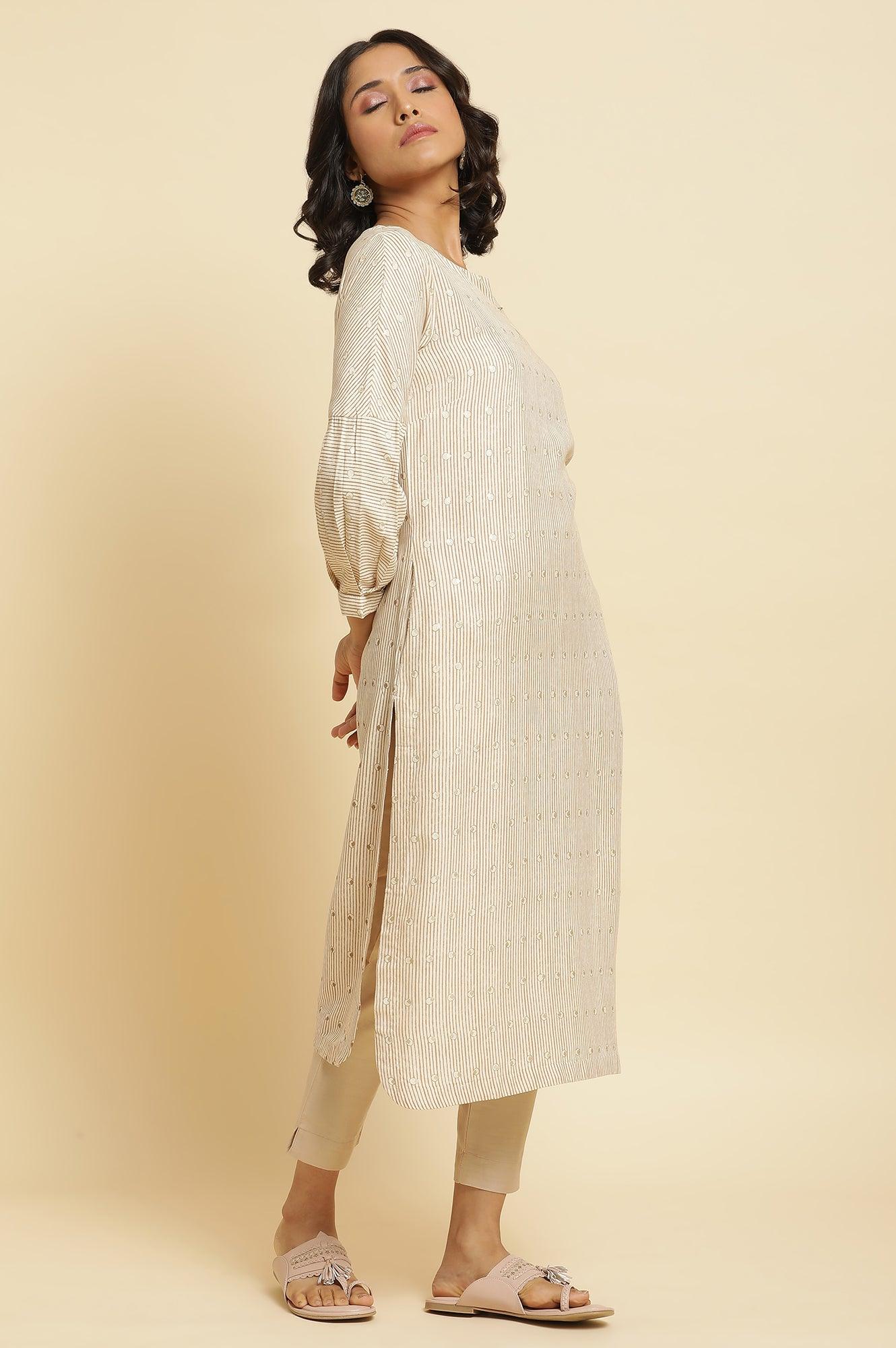 Beige Stripe Printed Kurta & Pants Set - wforwoman