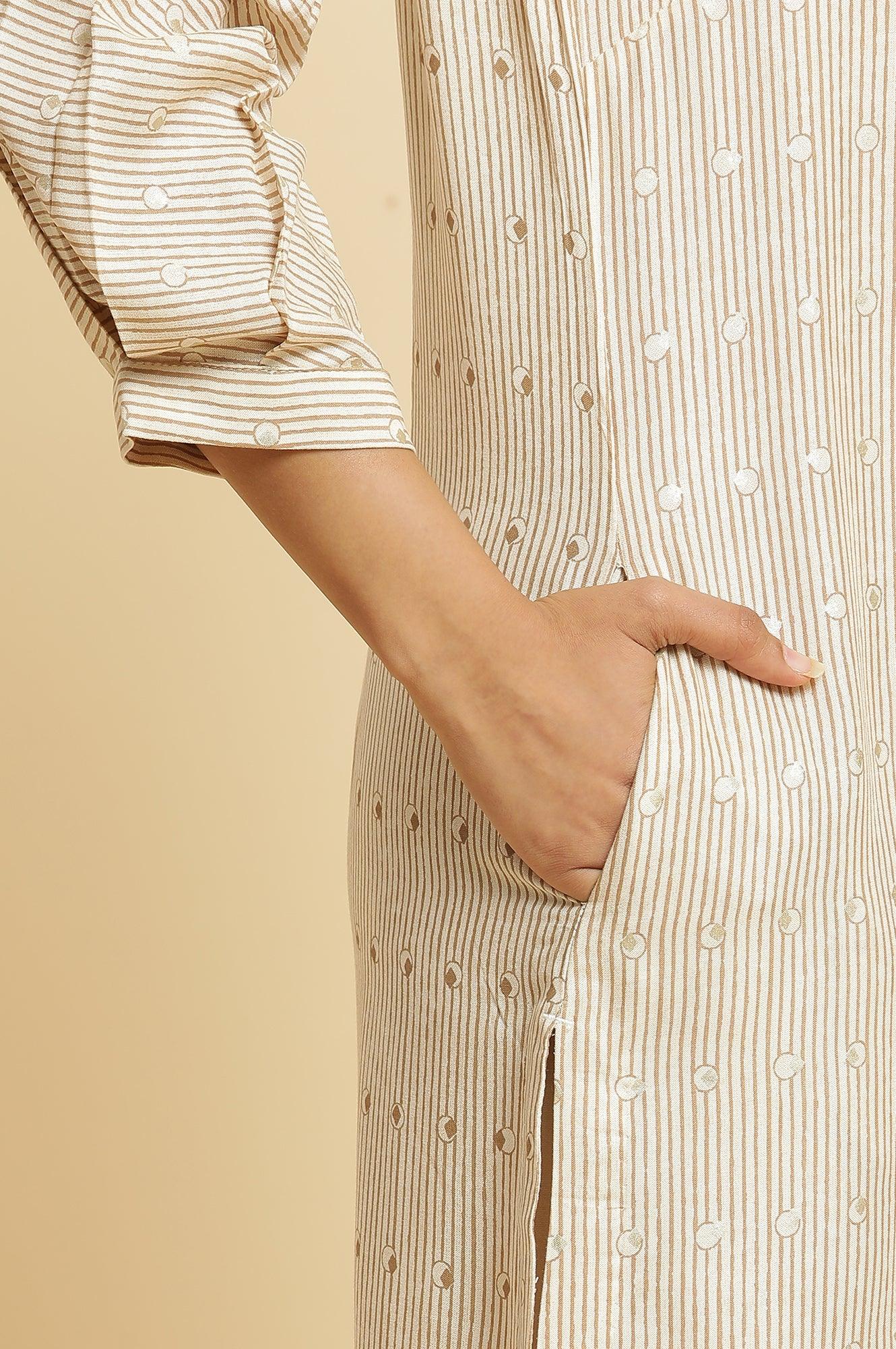 Beige Stripe Printed Kurta & Pants Set - wforwoman