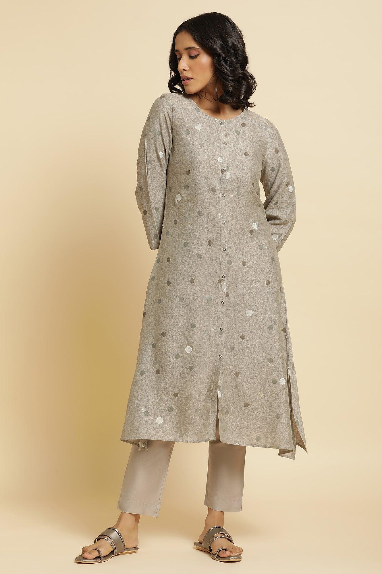 Smoke Grey A-Line Printed Kurta & Pants Set - wforwoman