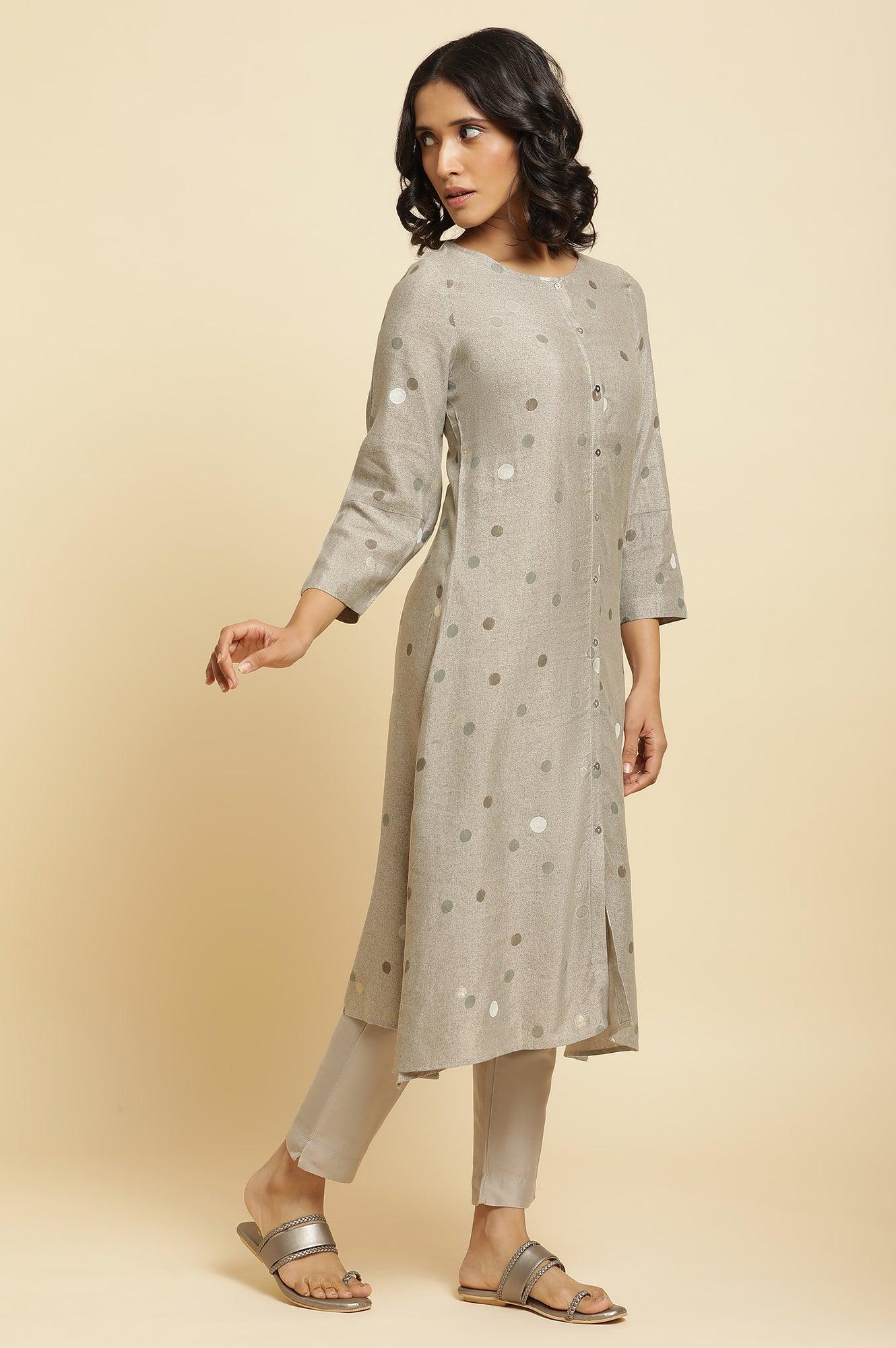 Smoke Grey A-Line Printed Kurta & Pants Set - wforwoman