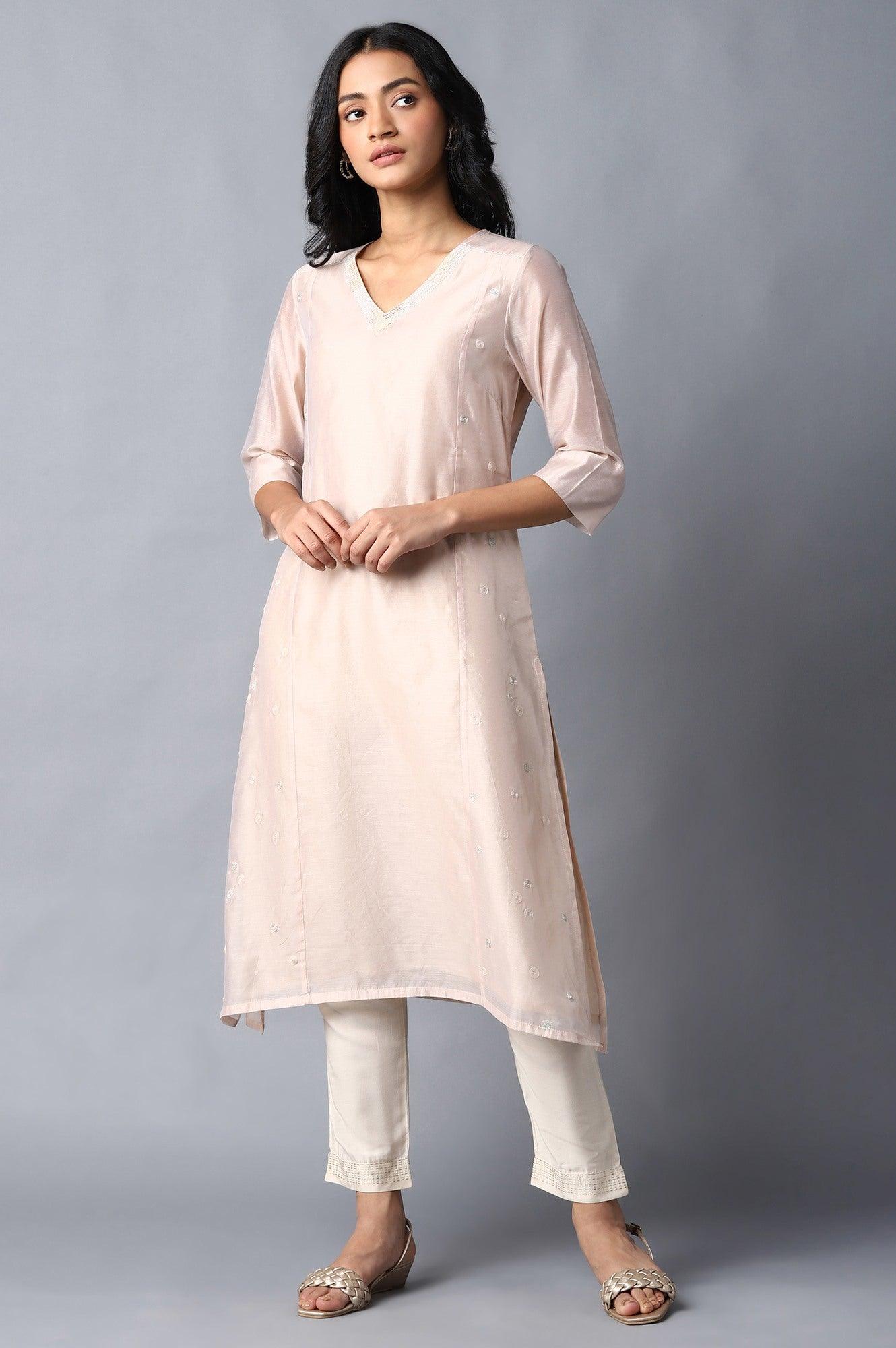 Blush Pink Embroidered kurta & Pants Set - wforwoman