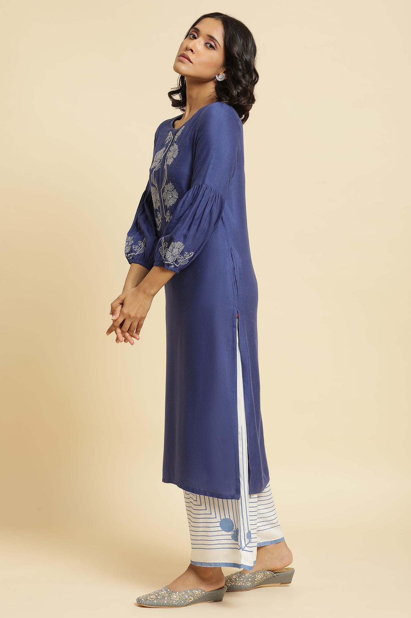 Blue Embroidered Kurta, Parallel Pants & Dupatta Set