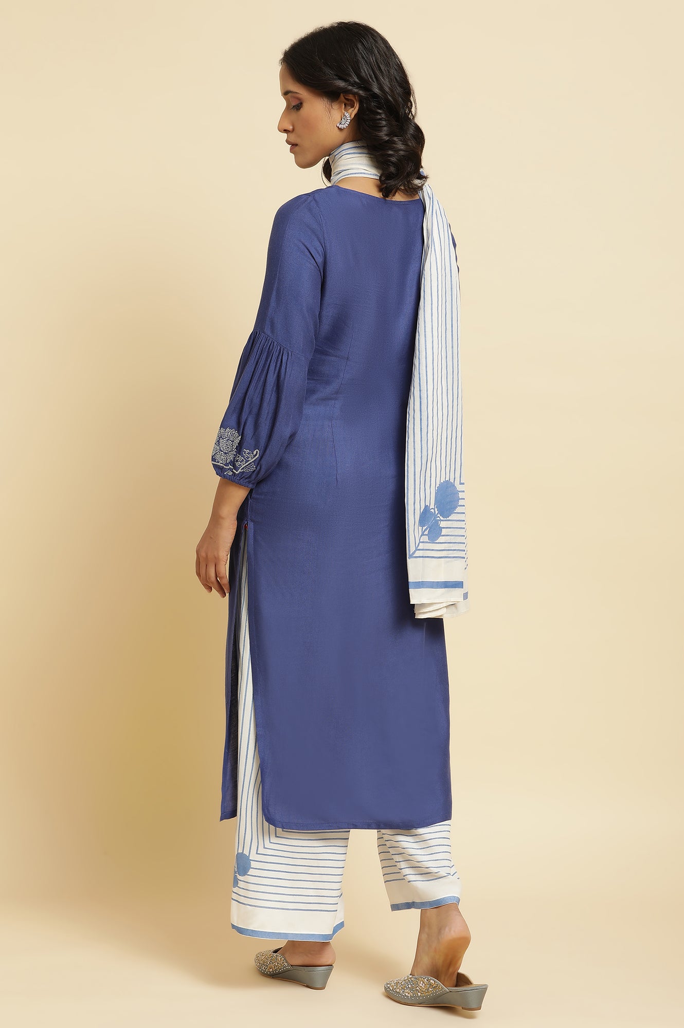 Blue Embroidered Kurta, Parallel Pants & Dupatta Set