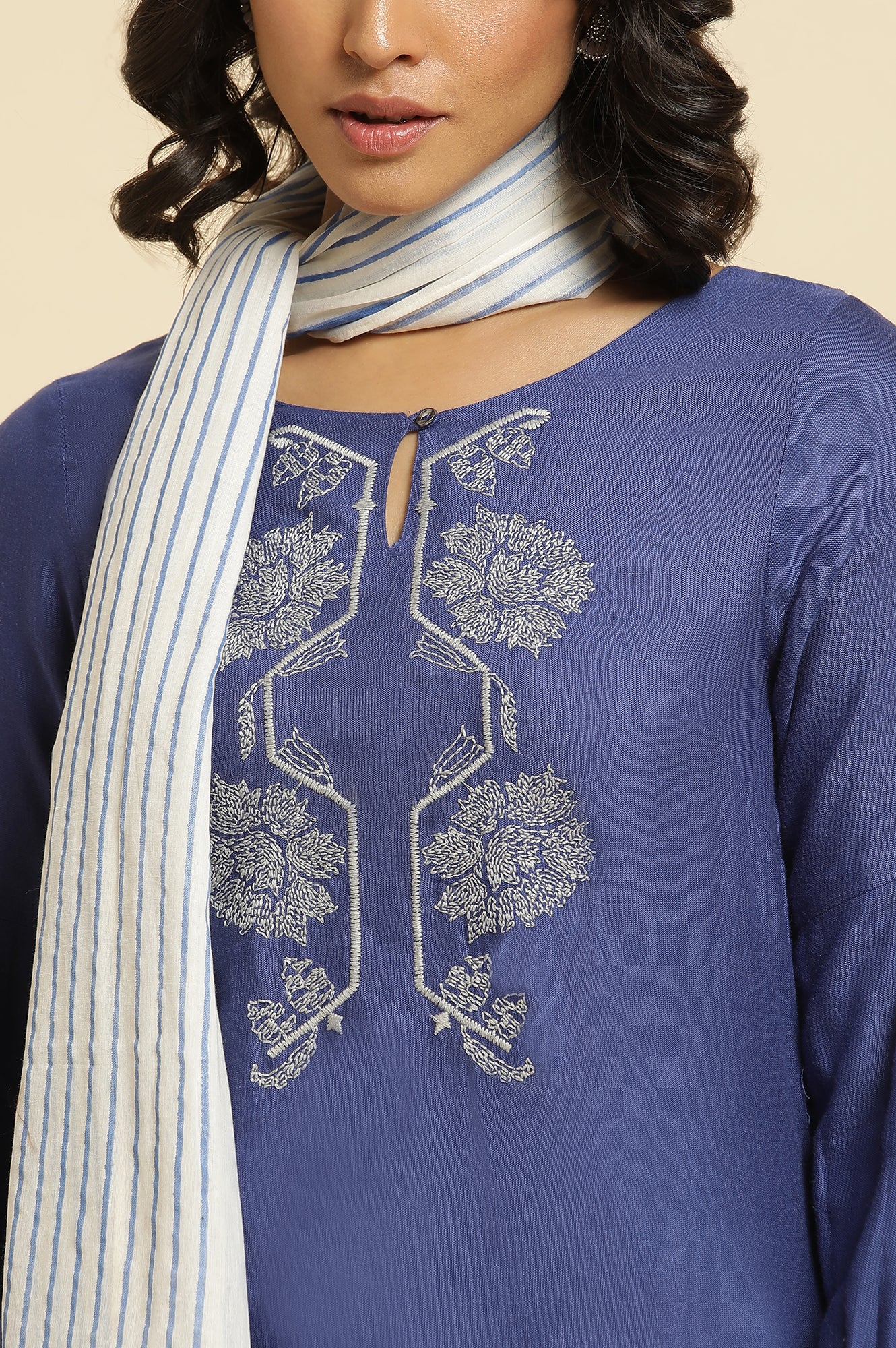 Blue Embroidered Kurta, Parallel Pants & Dupatta Set