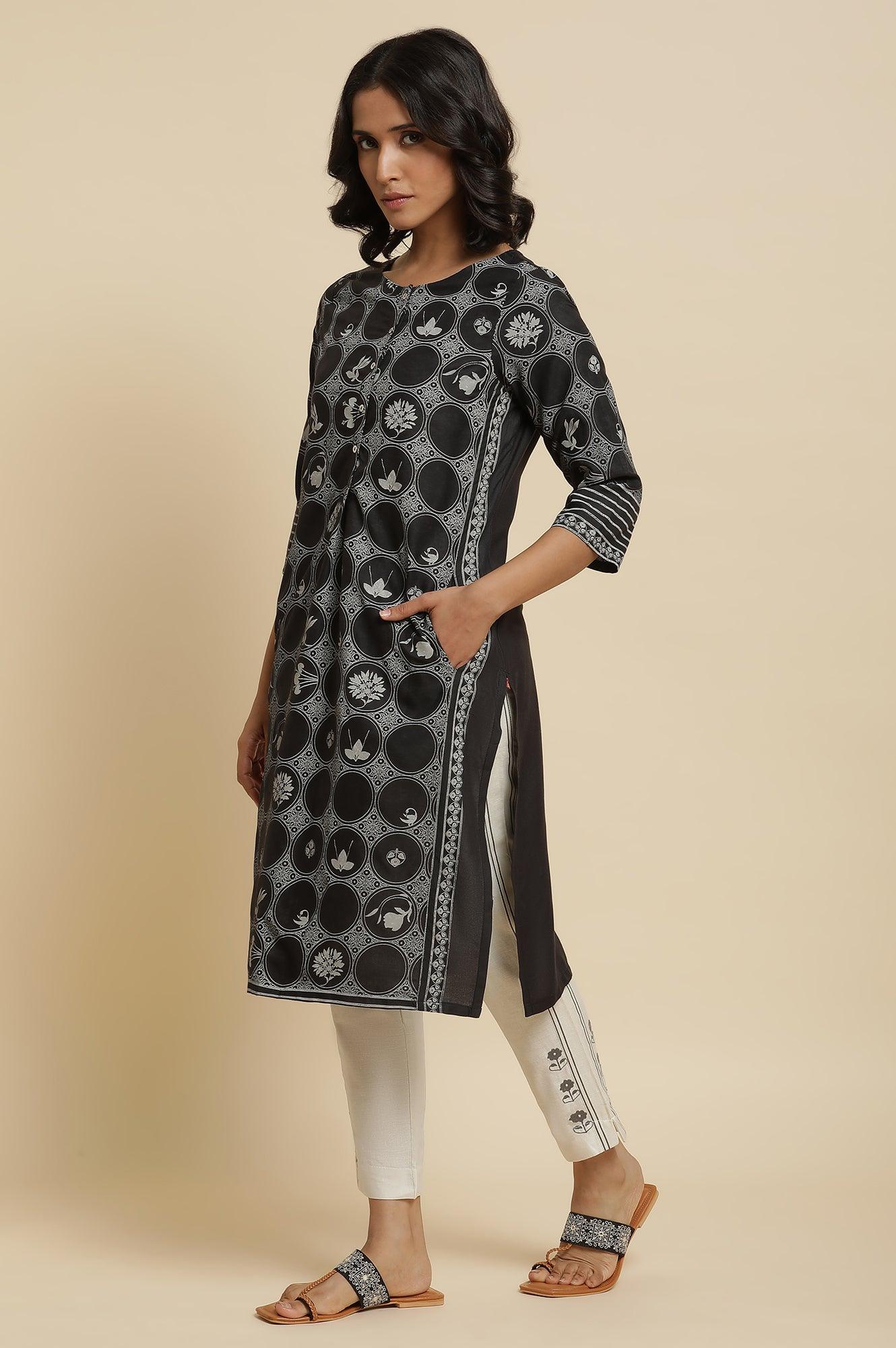 Black Printed Kurta, Ecru Pants & Dupatta - wforwoman