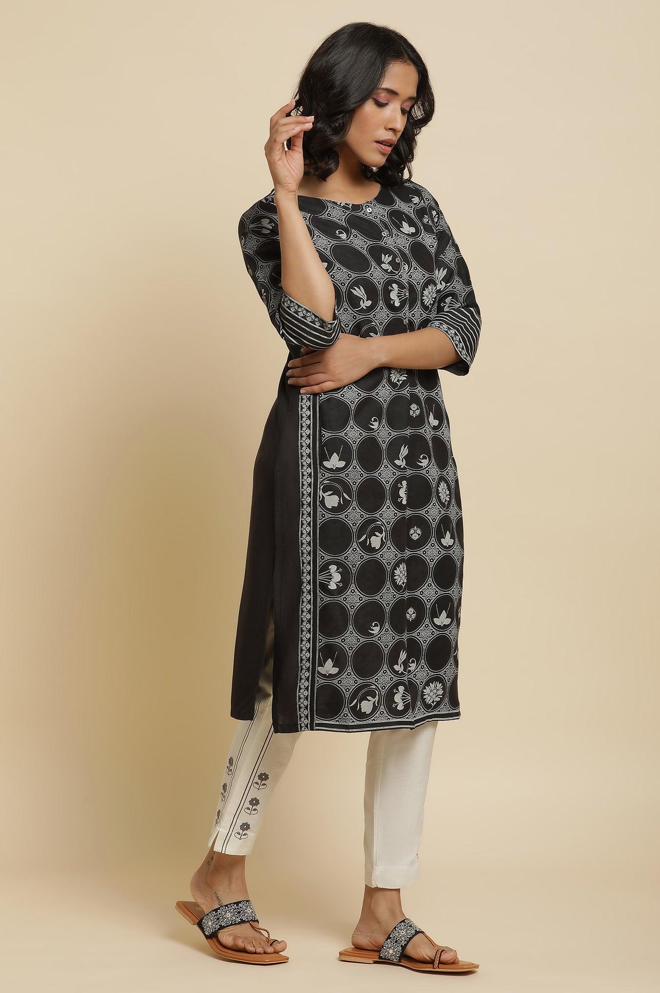 Black Printed Kurta, Ecru Pants & Dupatta - wforwoman