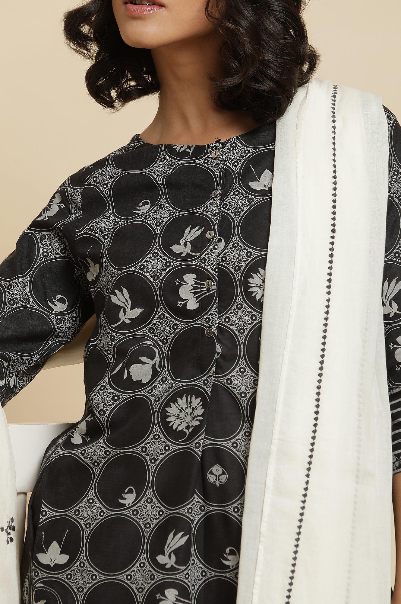 Black Printed Kurta, Ecru Pants & Dupatta - wforwoman