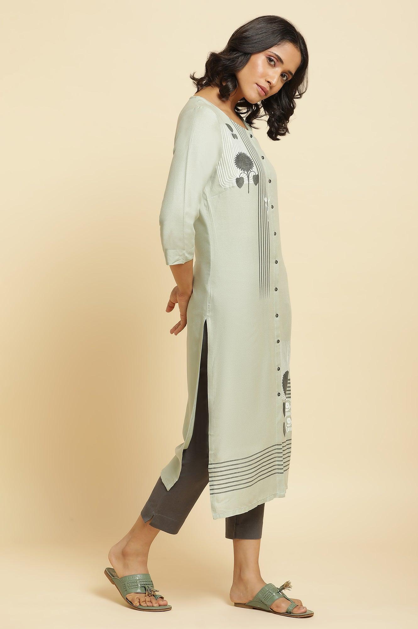 Sage Green Printed Kurta, Pants & Dupatta - wforwoman