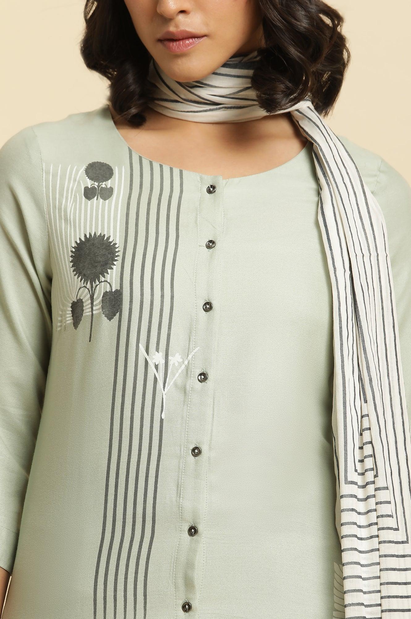 Sage Green Printed Kurta, Pants & Dupatta - wforwoman