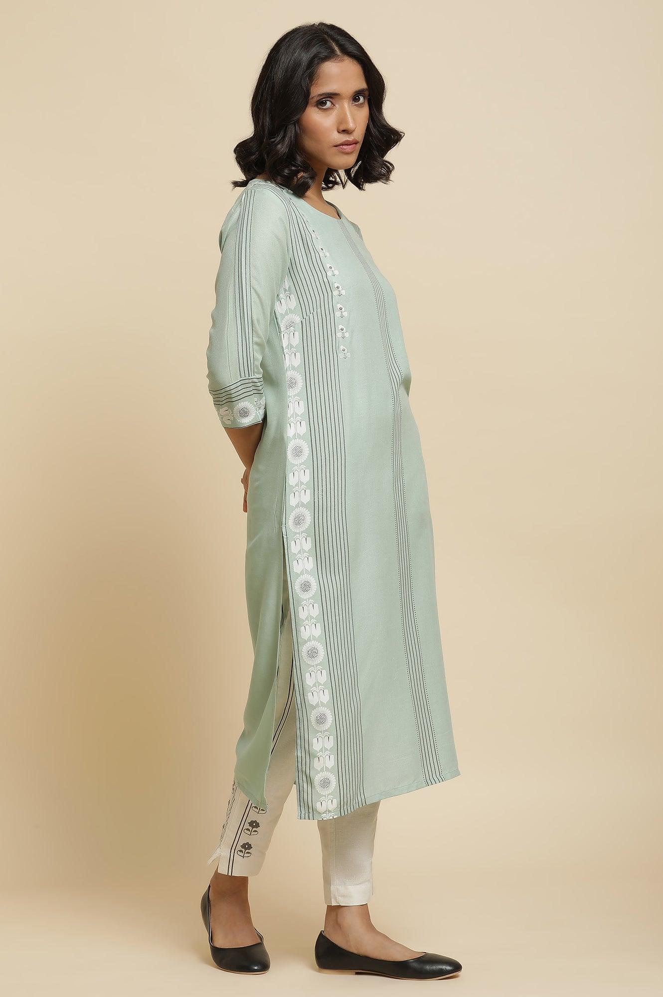 Green Printed Kurta, Pants & Dupatta - wforwoman