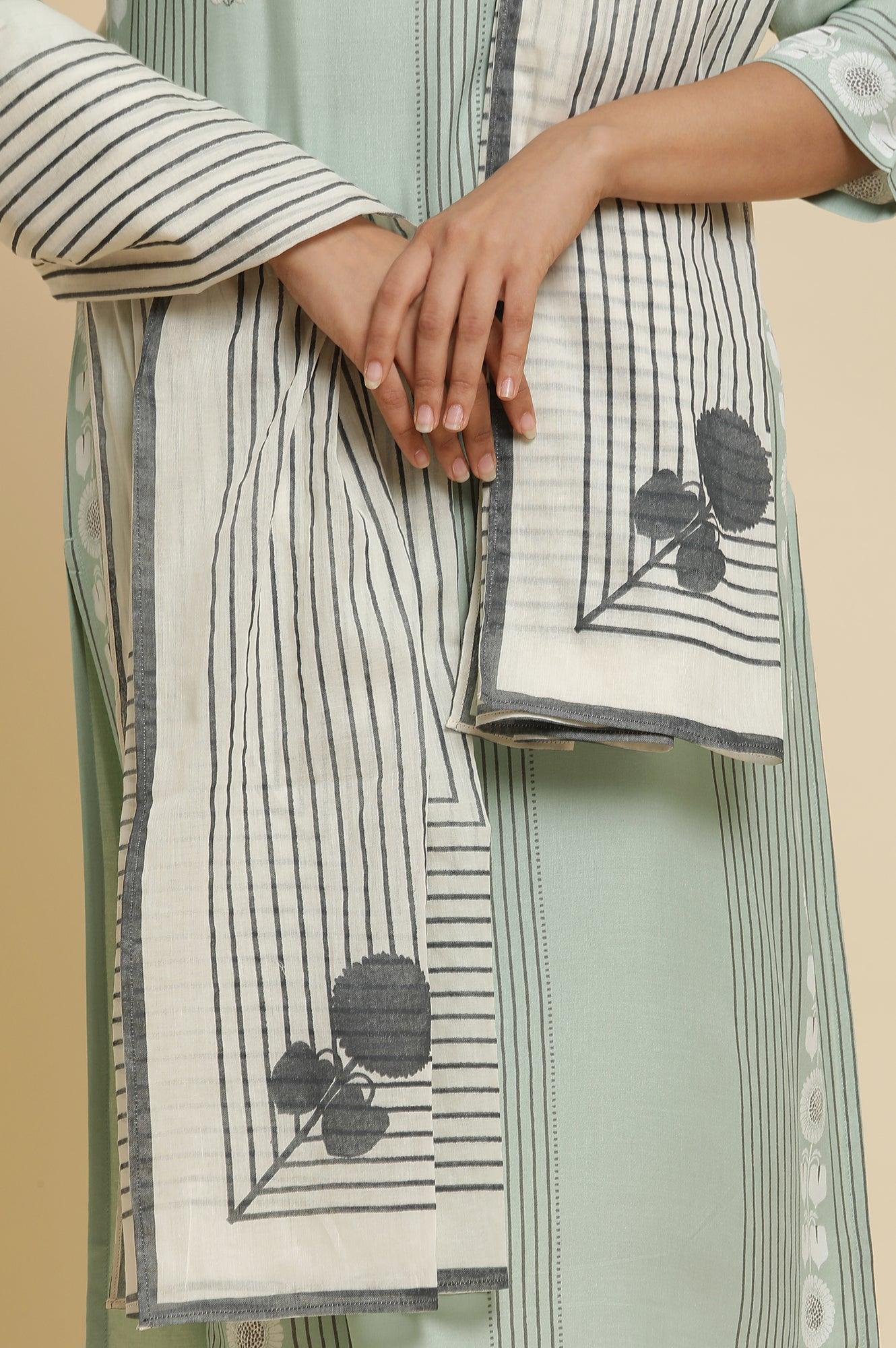 Green Printed Kurta, Pants & Dupatta - wforwoman