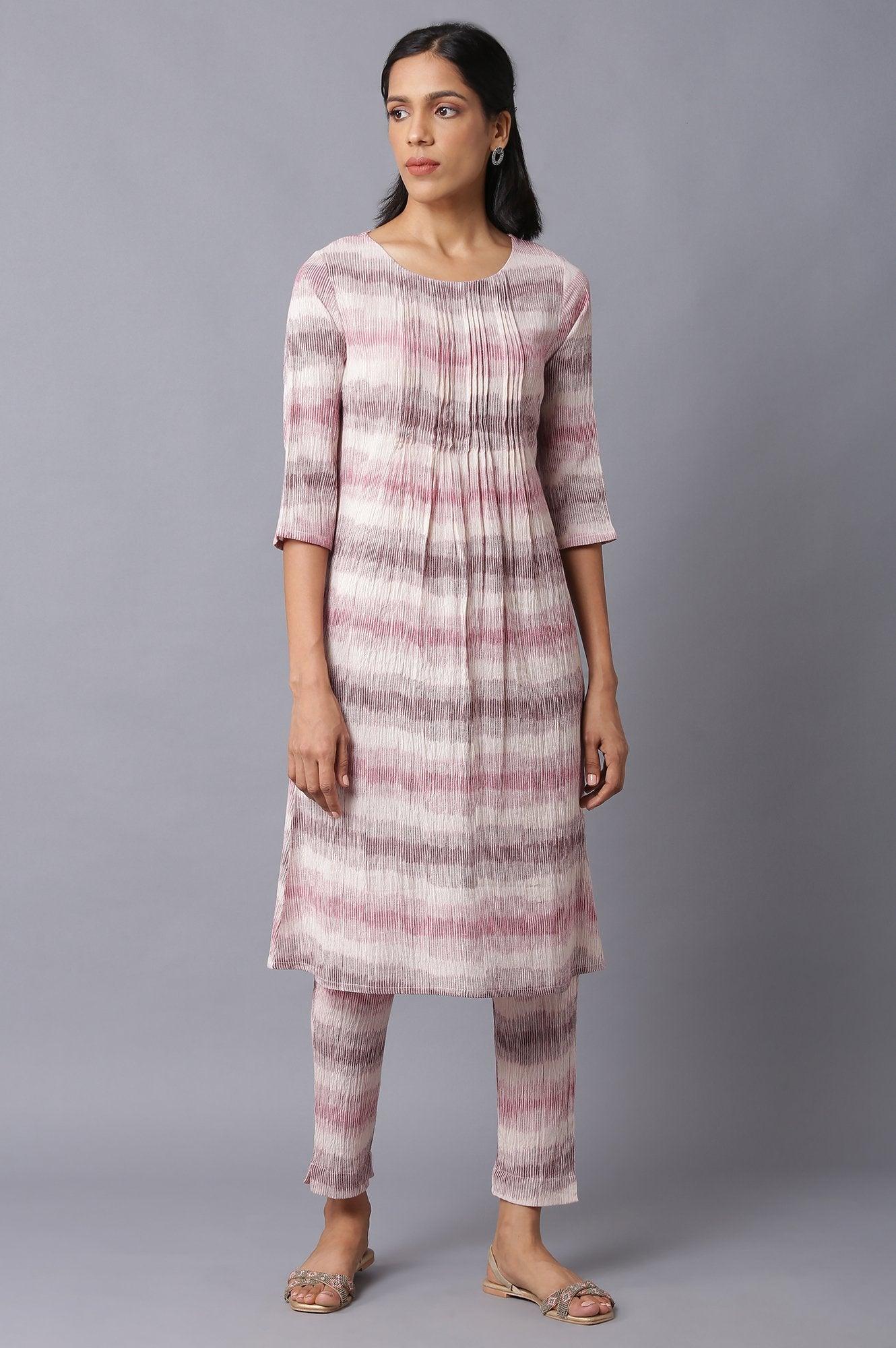 Light Pink Pleated Printed kurta In Round Neck With Slim Pants - wforwoman