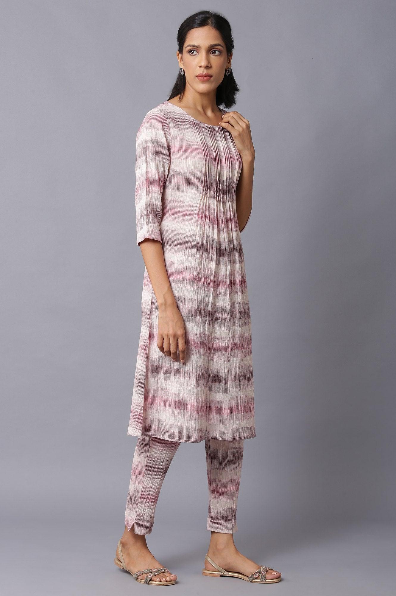 Light Pink Pleated Printed kurta In Round Neck With Slim Pants - wforwoman