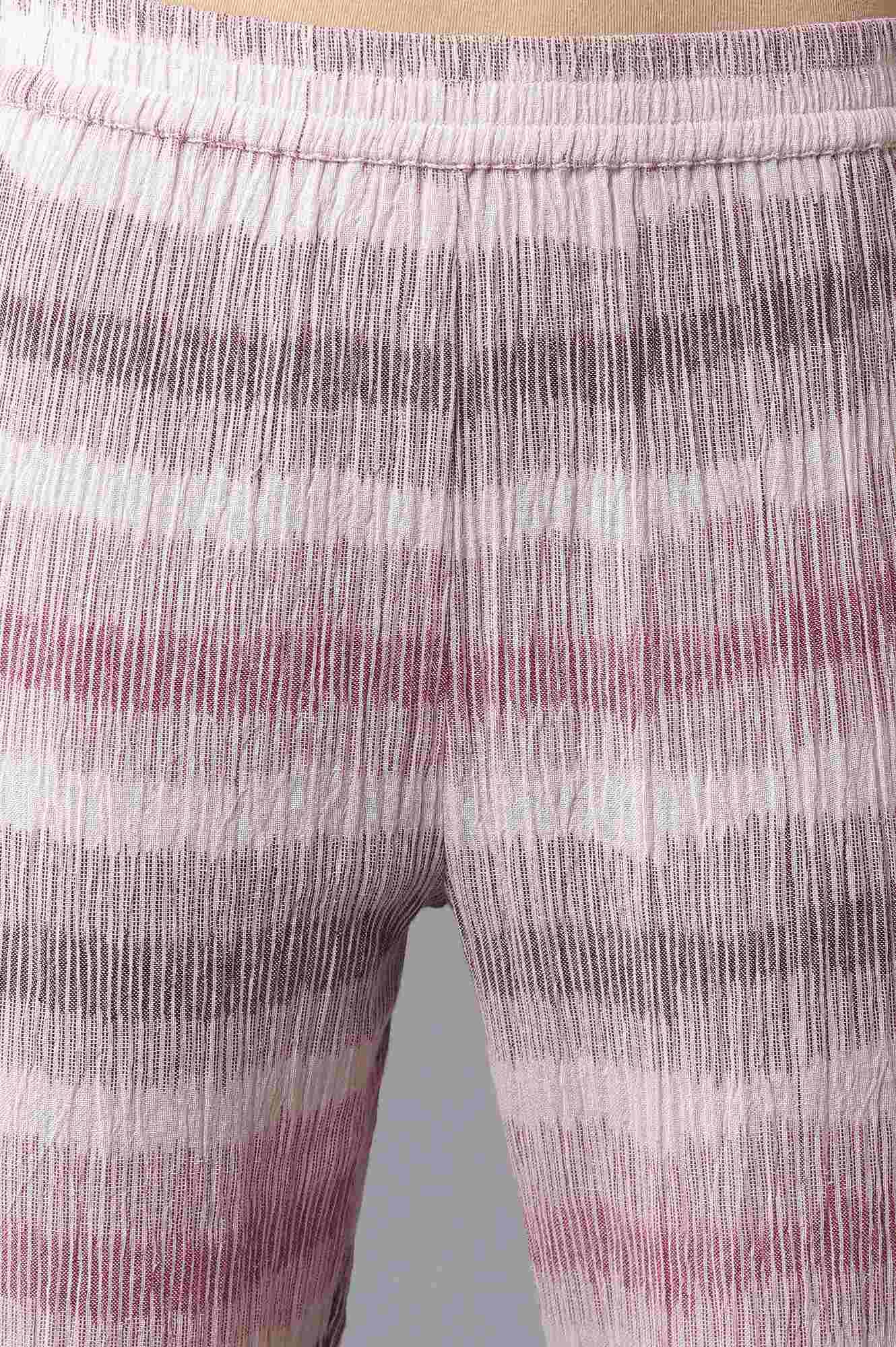 Light Pink Pleated Printed kurta In Round Neck With Slim Pants - wforwoman