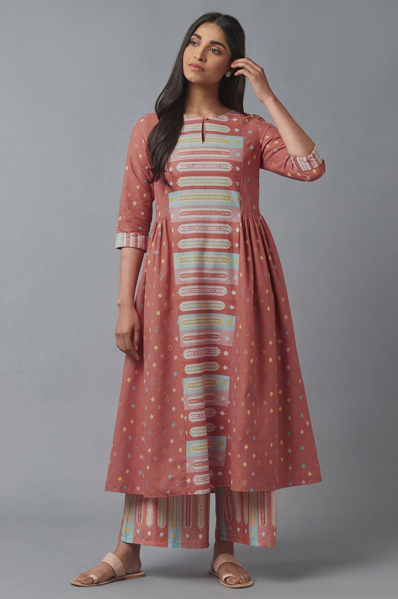 Orange Geometric Print kurta & Parallel Pants Set - wforwoman